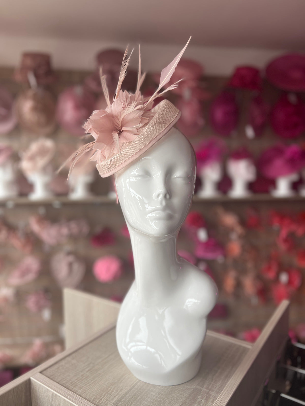 Blush Pillbox Fascinator With Feather Flowers &amp; Feather Quill-Fascinators Direct