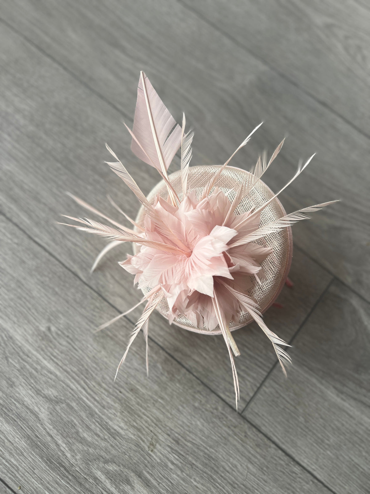 Blush Pillbox Fascinator With Feather Flowers &amp; Feather Quill-Fascinators Direct