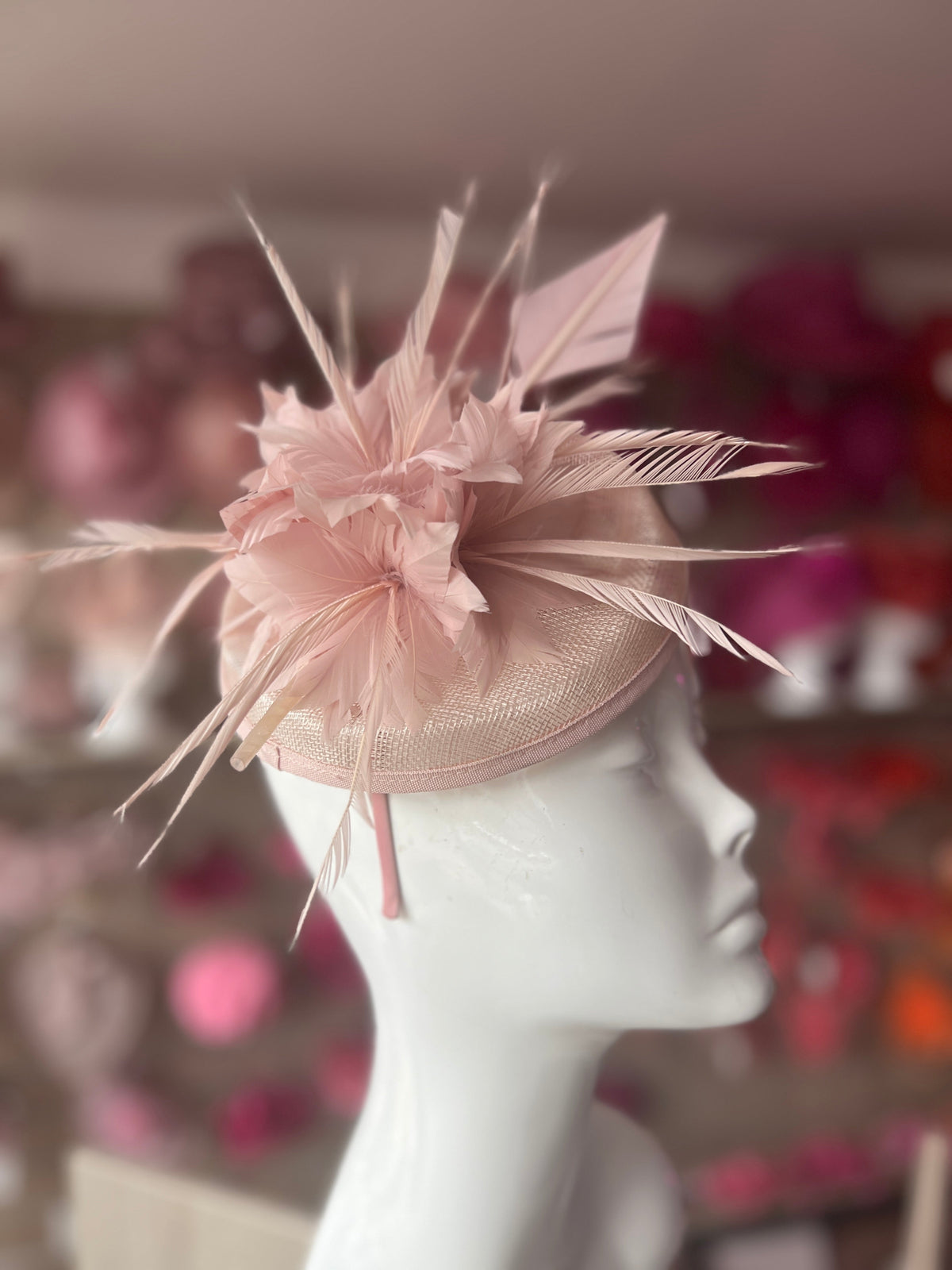 Blush Pillbox Fascinator With Feather Flowers &amp; Feather Quill-Fascinators Direct