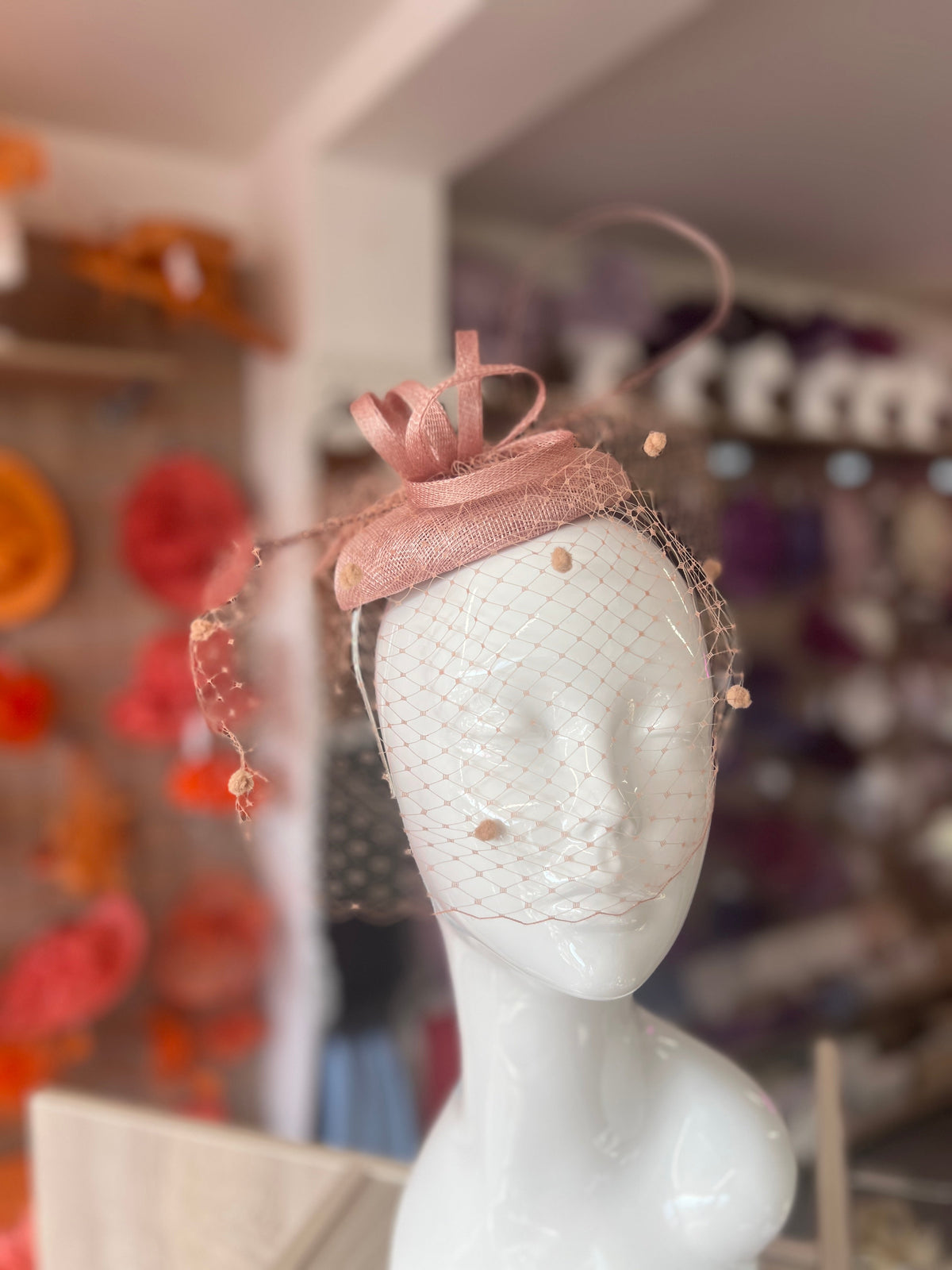 Blush Pillbox Hat with Veil &amp; Curled Quill-Fascinators Direct