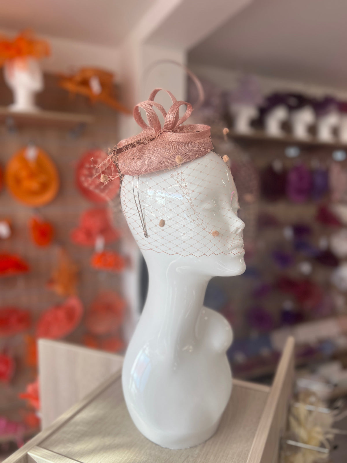 Blush Pillbox Hat with Veil &amp; Curled Quill-Fascinators Direct