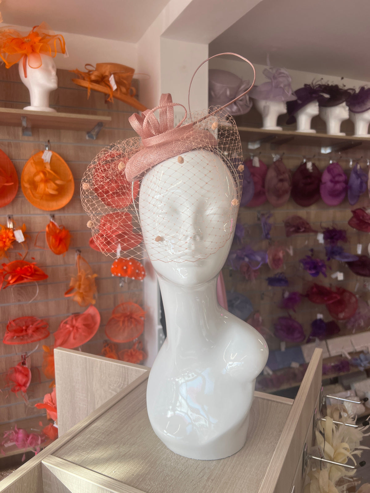 Blush Pillbox Hat with Veil &amp; Curled Quill-Fascinators Direct