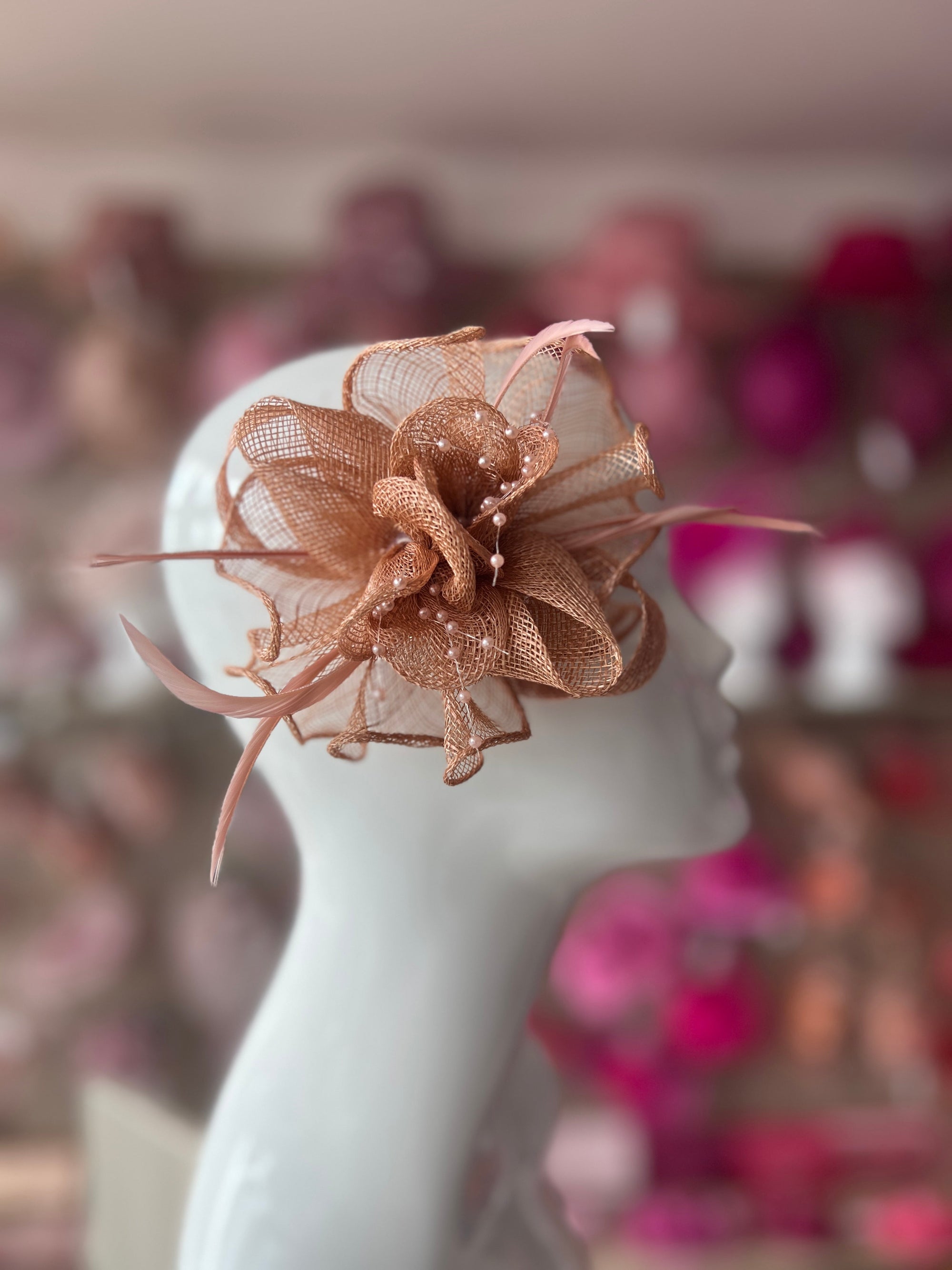 Blush Small Fascinator With Decorative Beads & Feathers-Fascinators Direct