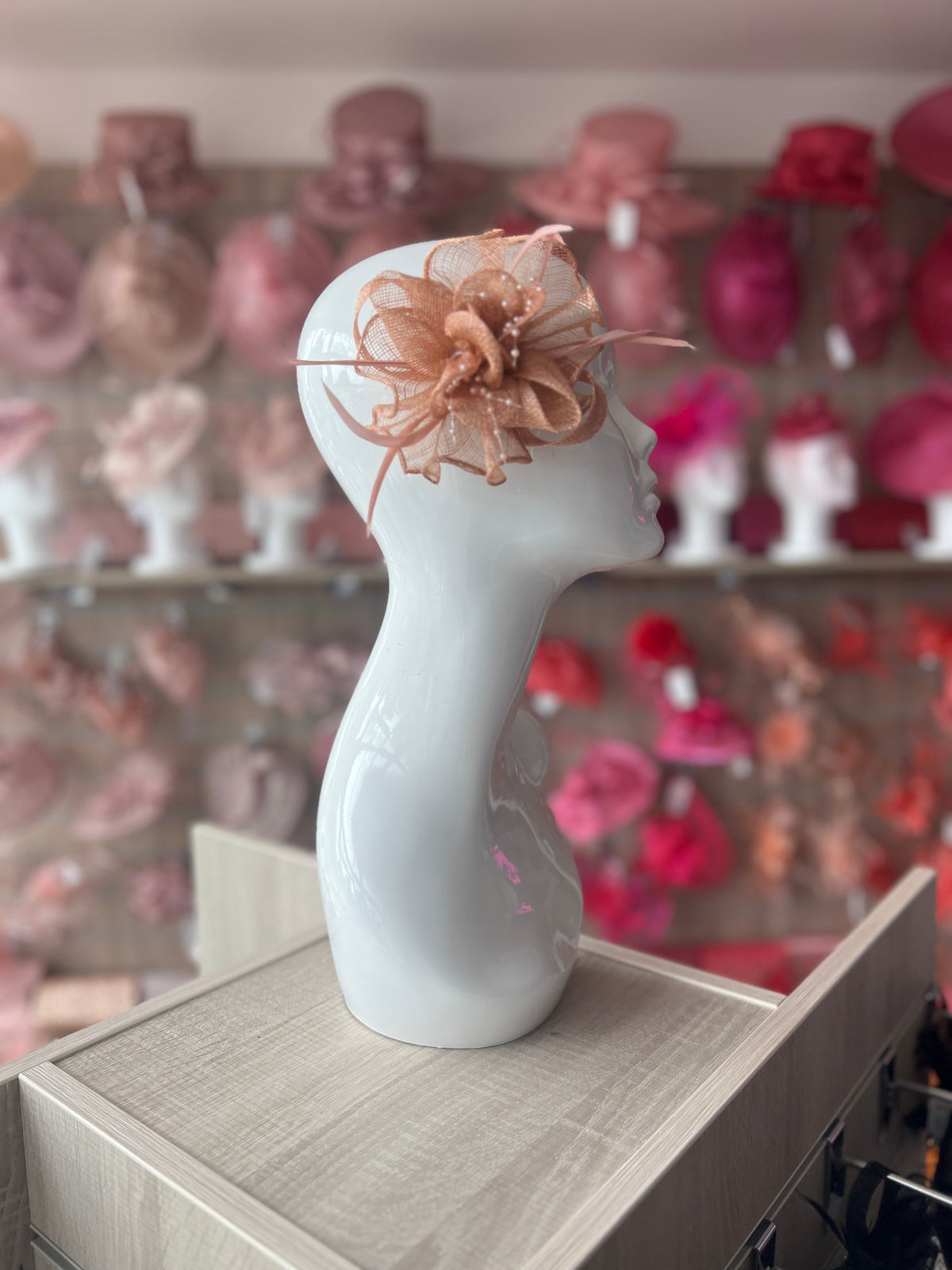 Blush Small Fascinator With Decorative Beads &amp; Feathers-Fascinators Direct