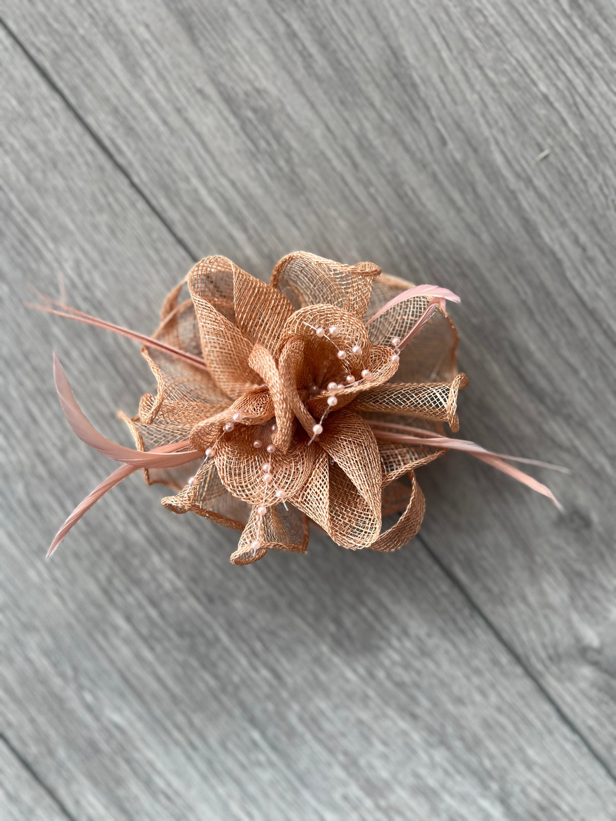 Blush Small Fascinator With Decorative Beads &amp; Feathers-Fascinators Direct