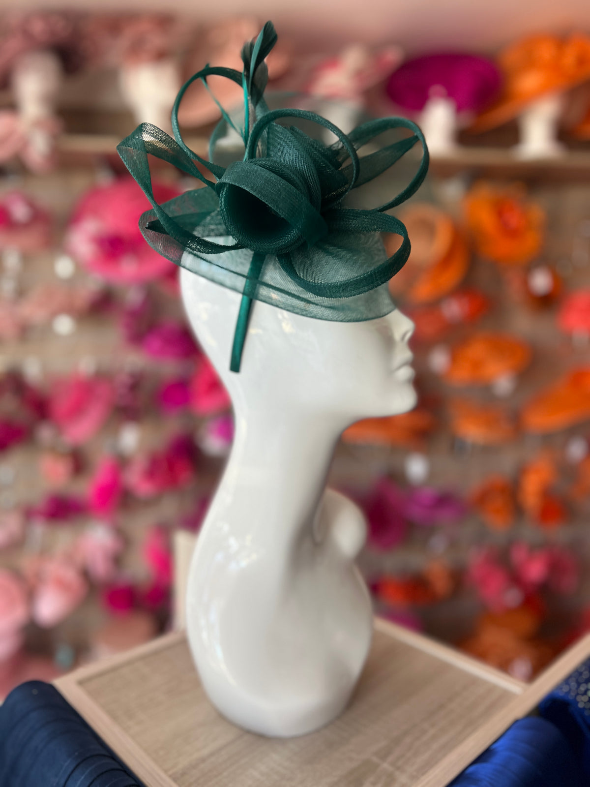 Bottle Green Crinoline Saucer Fascinator With Loops &amp; Feathers-Fascinators Direct