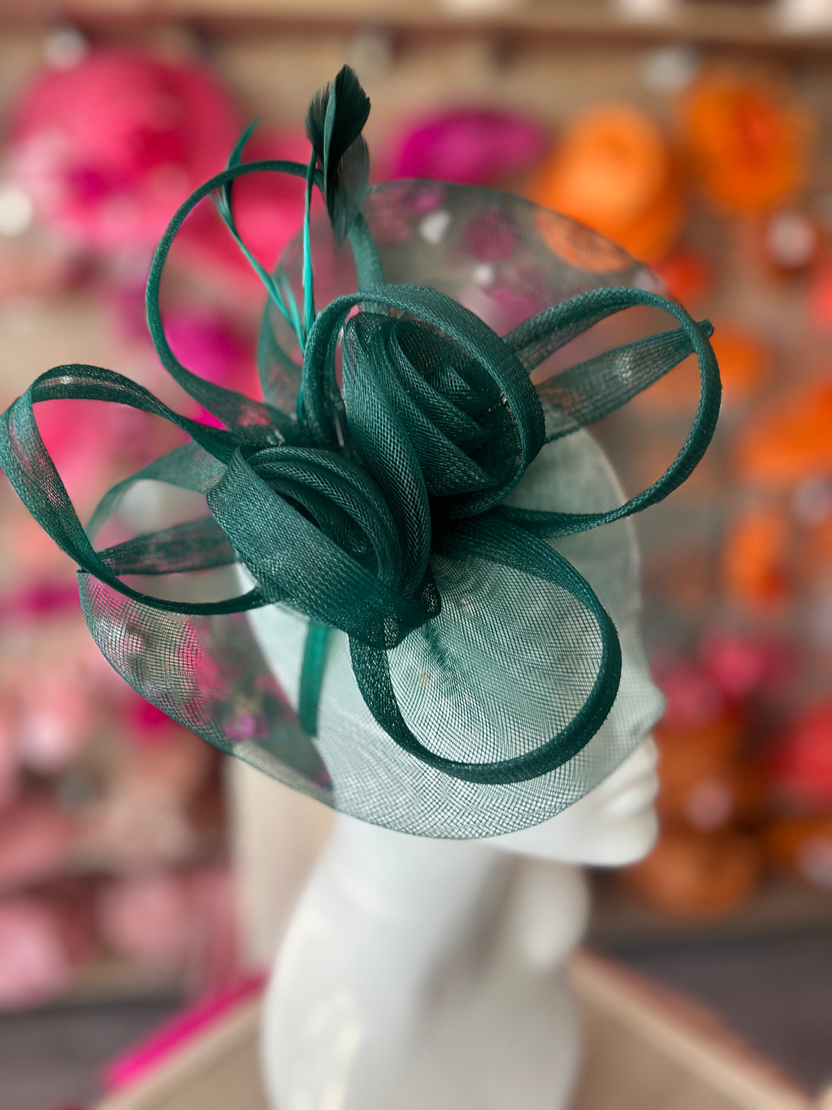 Bottle Green Crinoline Saucer Fascinator With Loops &amp; Feathers-Fascinators Direct