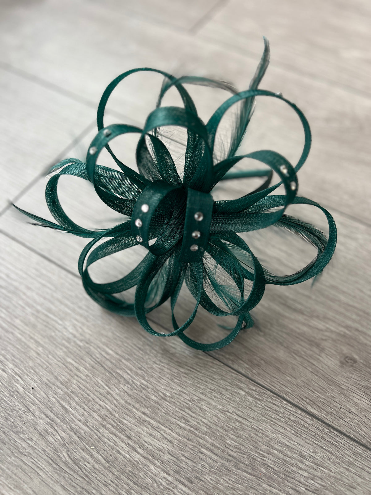 Bottle Green Diamante Fascinator With Loops &amp; Wispy Feathers-Fascinators Direct