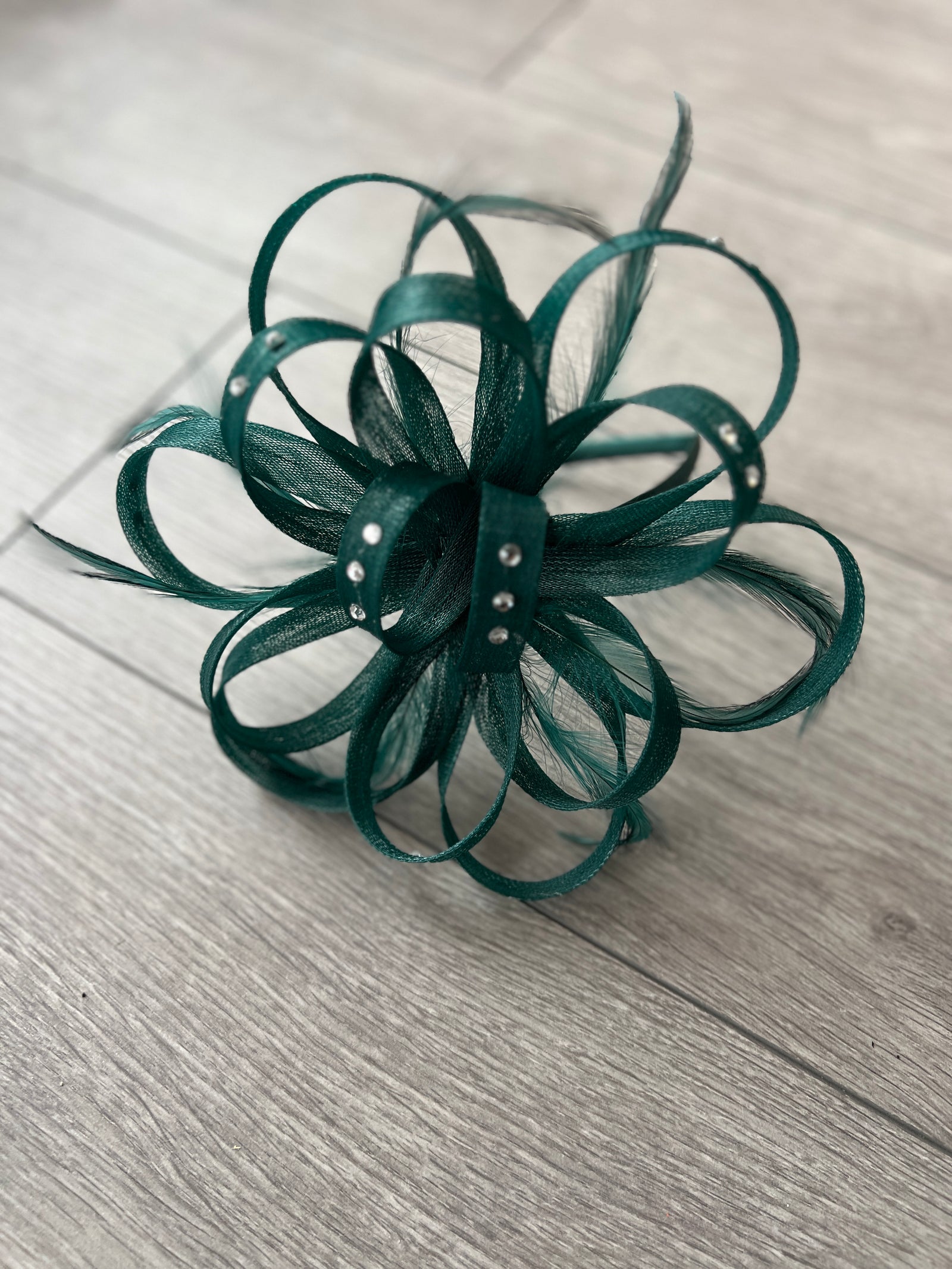 Bottle Green Diamante Fascinator With Loops & Wispy Feathers-Fascinators Direct
