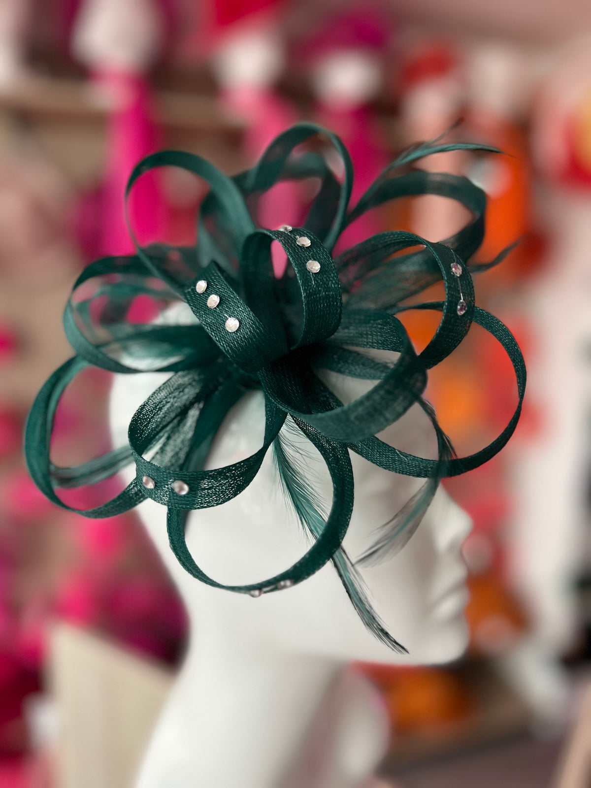 Bottle Green Diamante Fascinator With Loops &amp; Wispy Feathers-Fascinators Direct