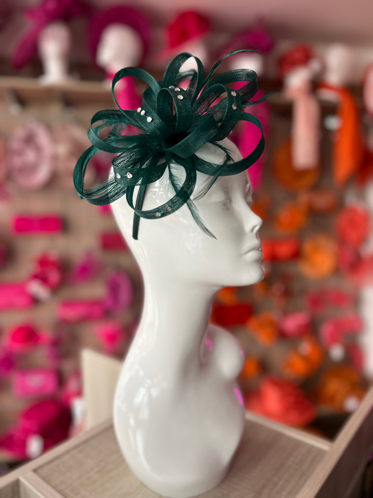 Bottle Green Diamante Fascinator With Loops &amp; Wispy Feathers-Fascinators Direct