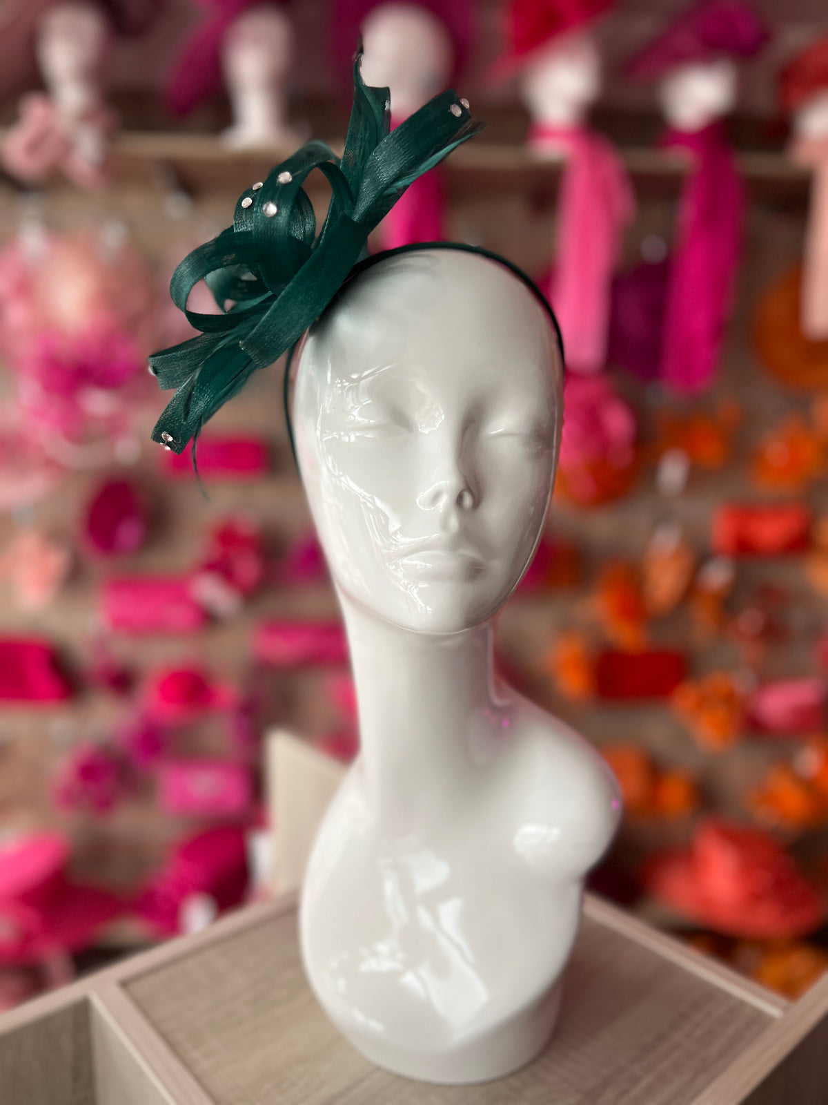Bottle Green Diamante Fascinator With Loops &amp; Wispy Feathers-Fascinators Direct