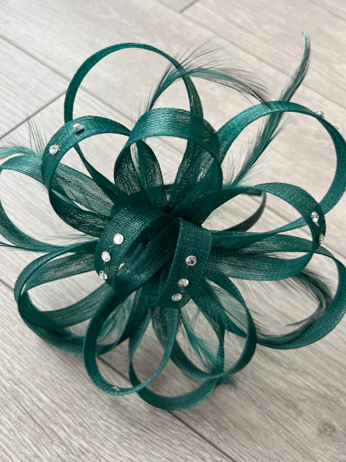 Bottle Green Diamante Fascinator With Loops &amp; Wispy Feathers-Fascinators Direct