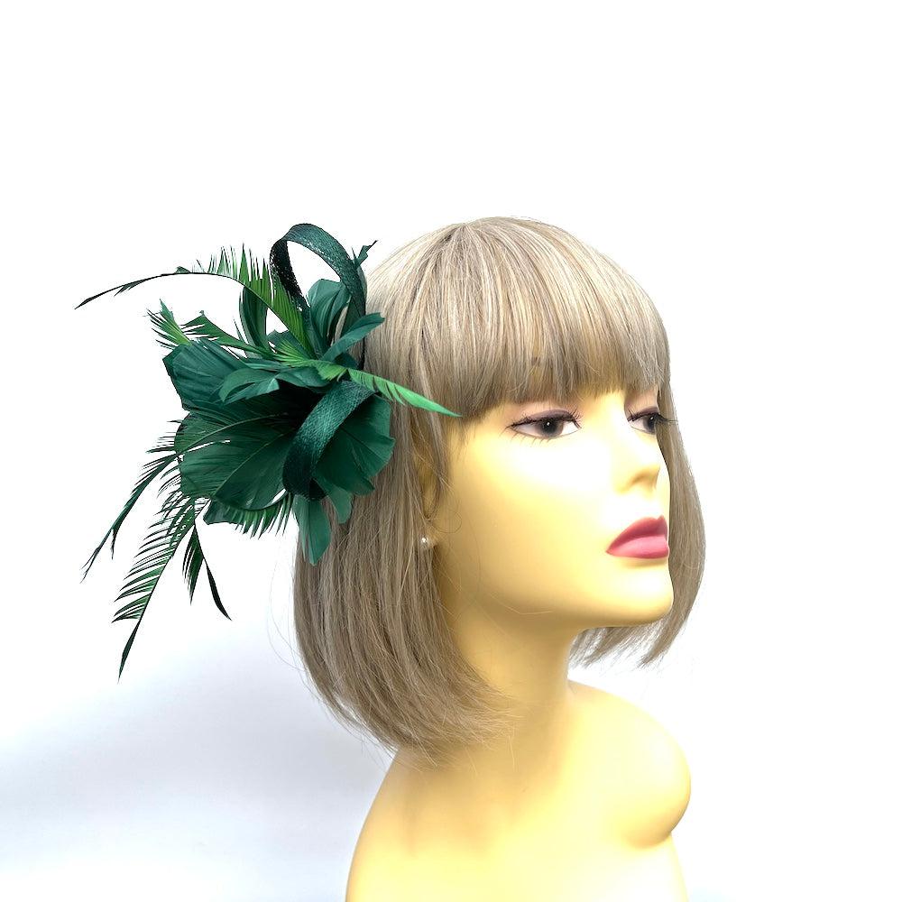 Bottle Green Fascinator with Loops & Feather Flower-Fascinators Direct