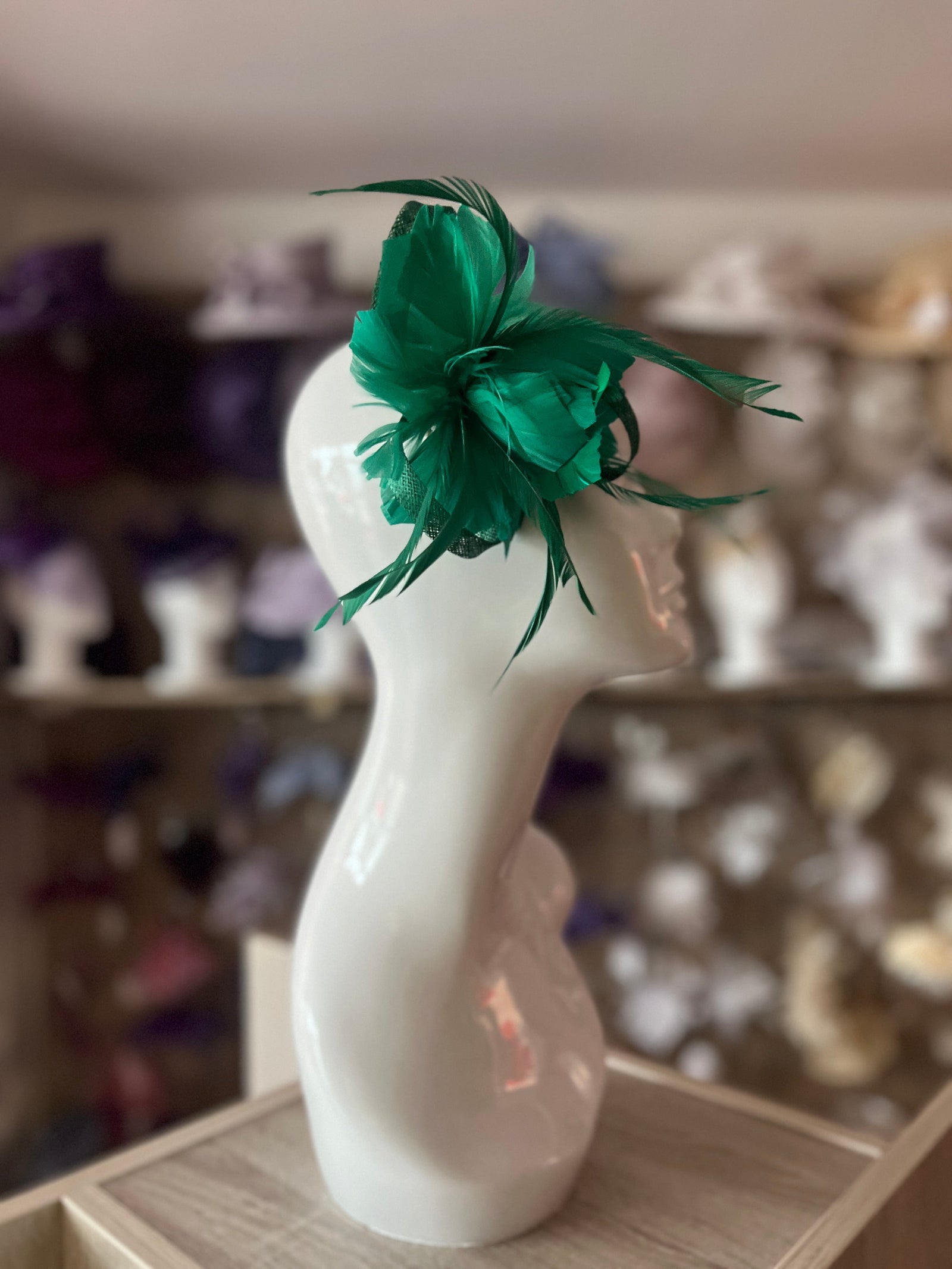 Bottle Green Fascinator with Loops & Feather Flower-Fascinators Direct