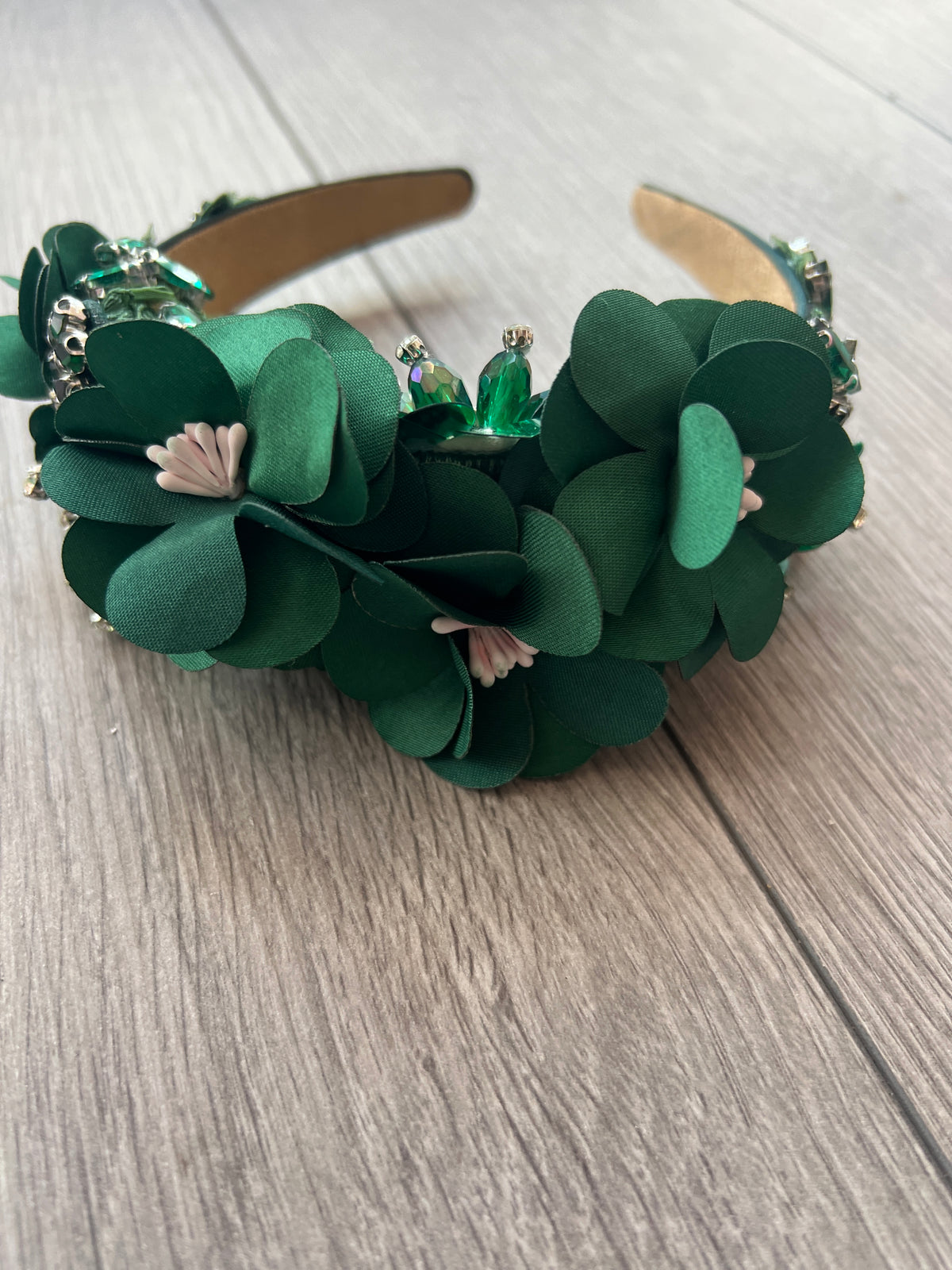 Bottle Green Flower Headband With Beads &amp; Diamantes-Fascinators Direct