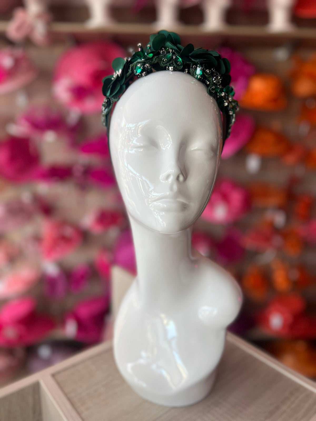 Bottle Green Flower Headband With Beads &amp; Diamantes-Fascinators Direct