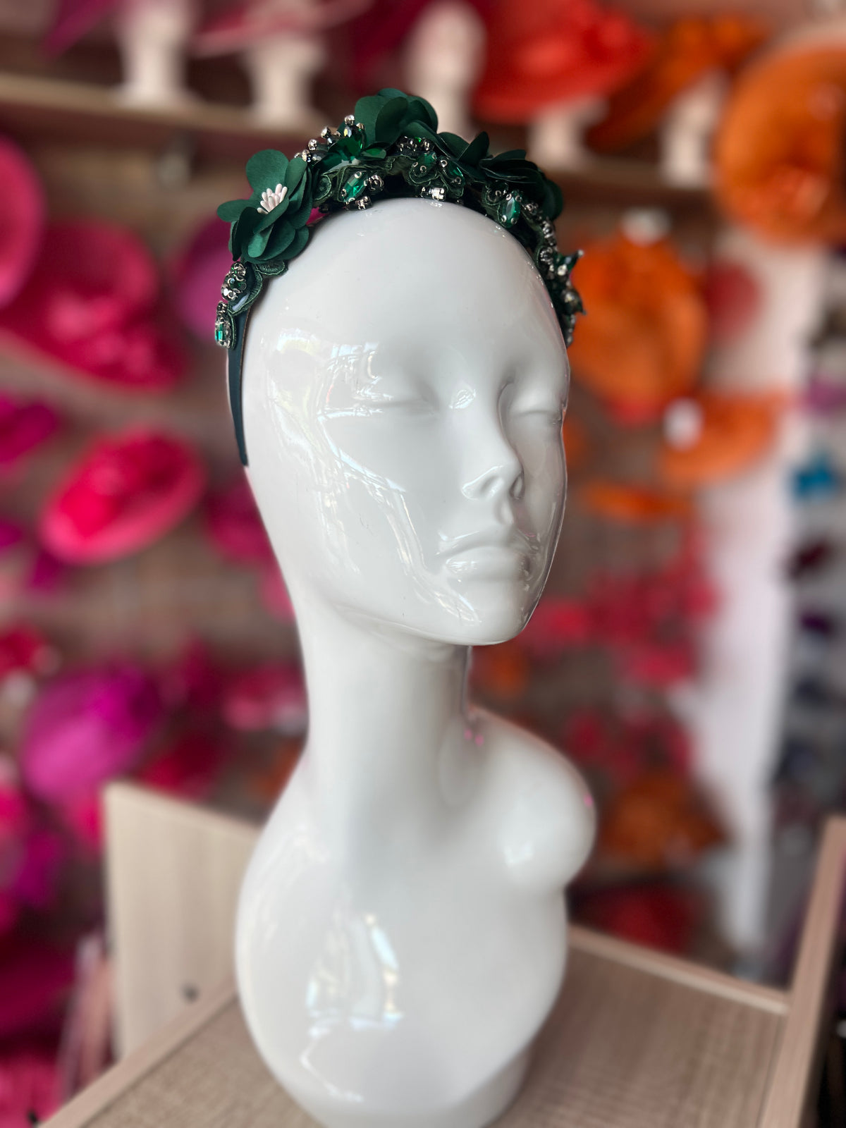 Bottle Green Flower Headband With Beads &amp; Diamantes-Fascinators Direct