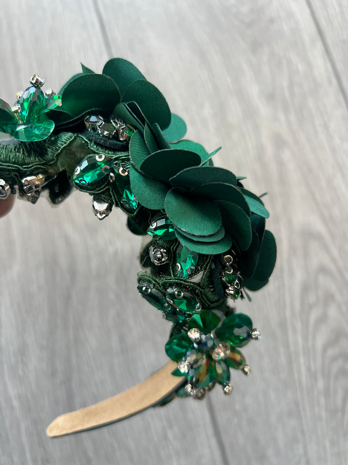 Bottle Green Flower Headband With Beads &amp; Diamantes-Fascinators Direct