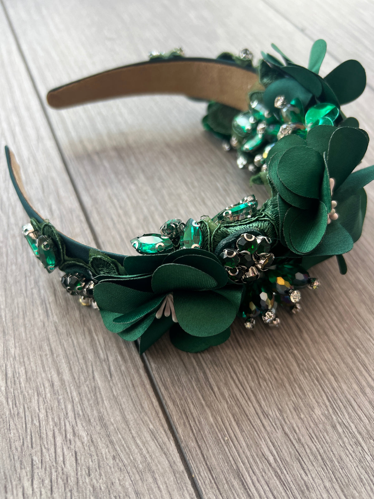 Bottle Green Flower Headband With Beads &amp; Diamantes-Fascinators Direct