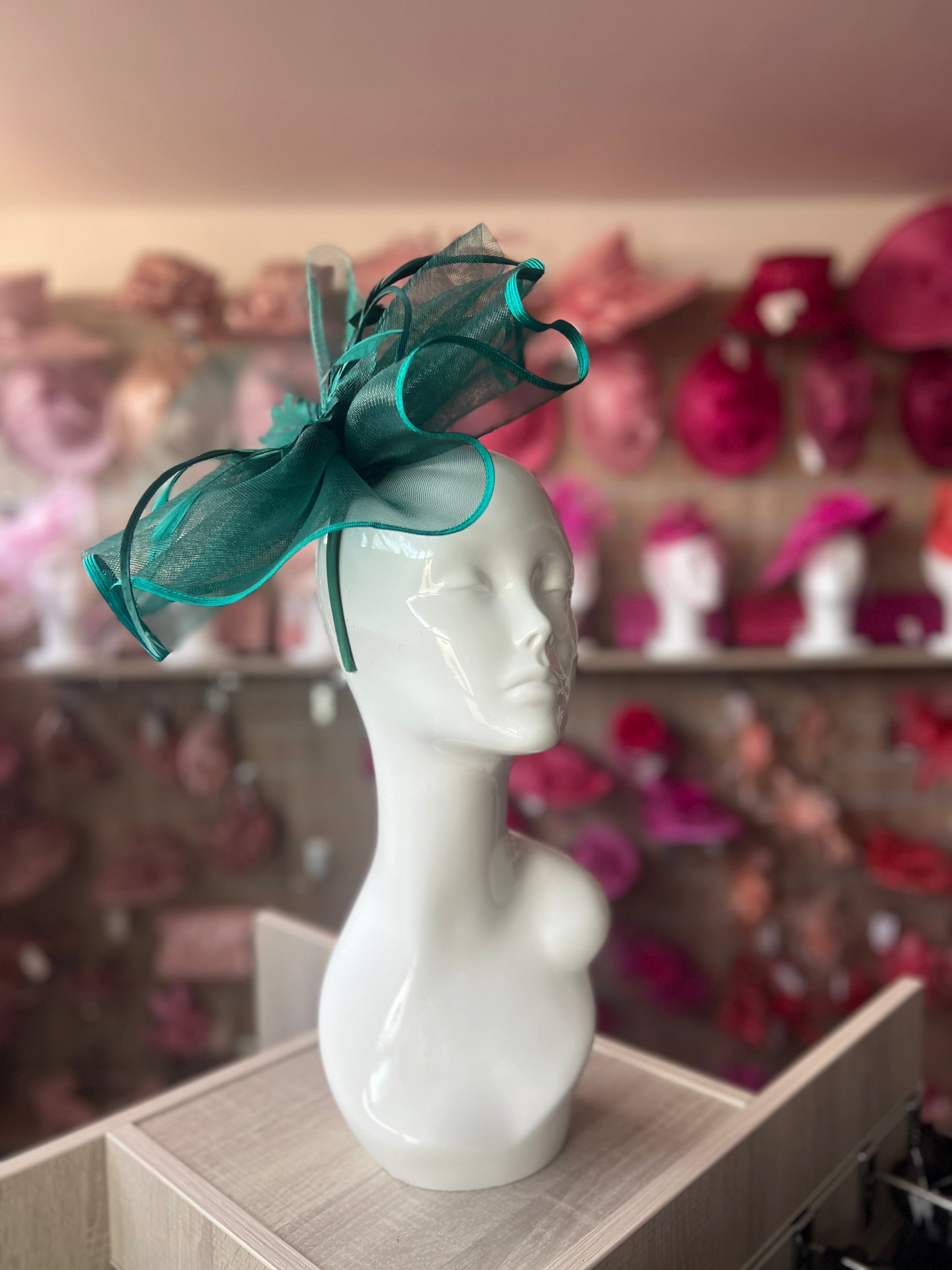 Bottle Green / Forest Green Large Fascinator with Ruched Crinoline & Flower-Fascinators Direct