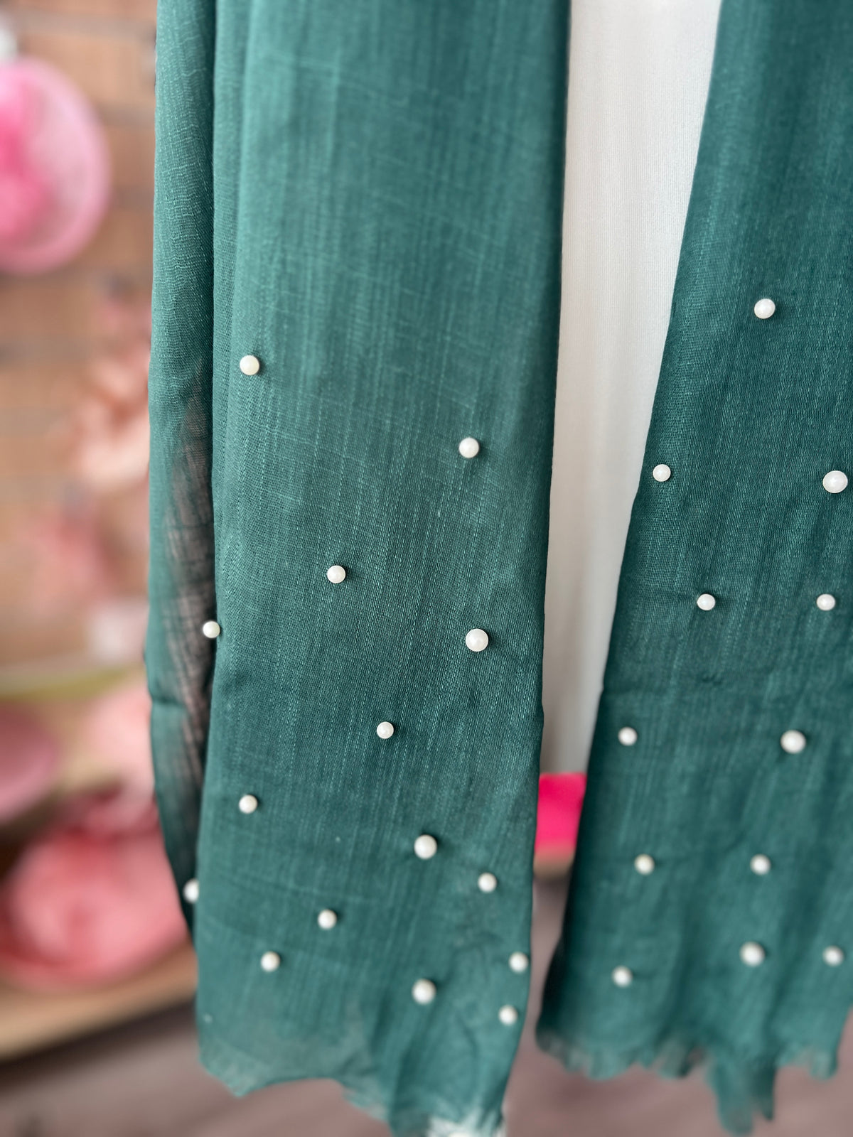 Bottle Green Pashmina Scarf With Pearl Detail-Fascinators Direct