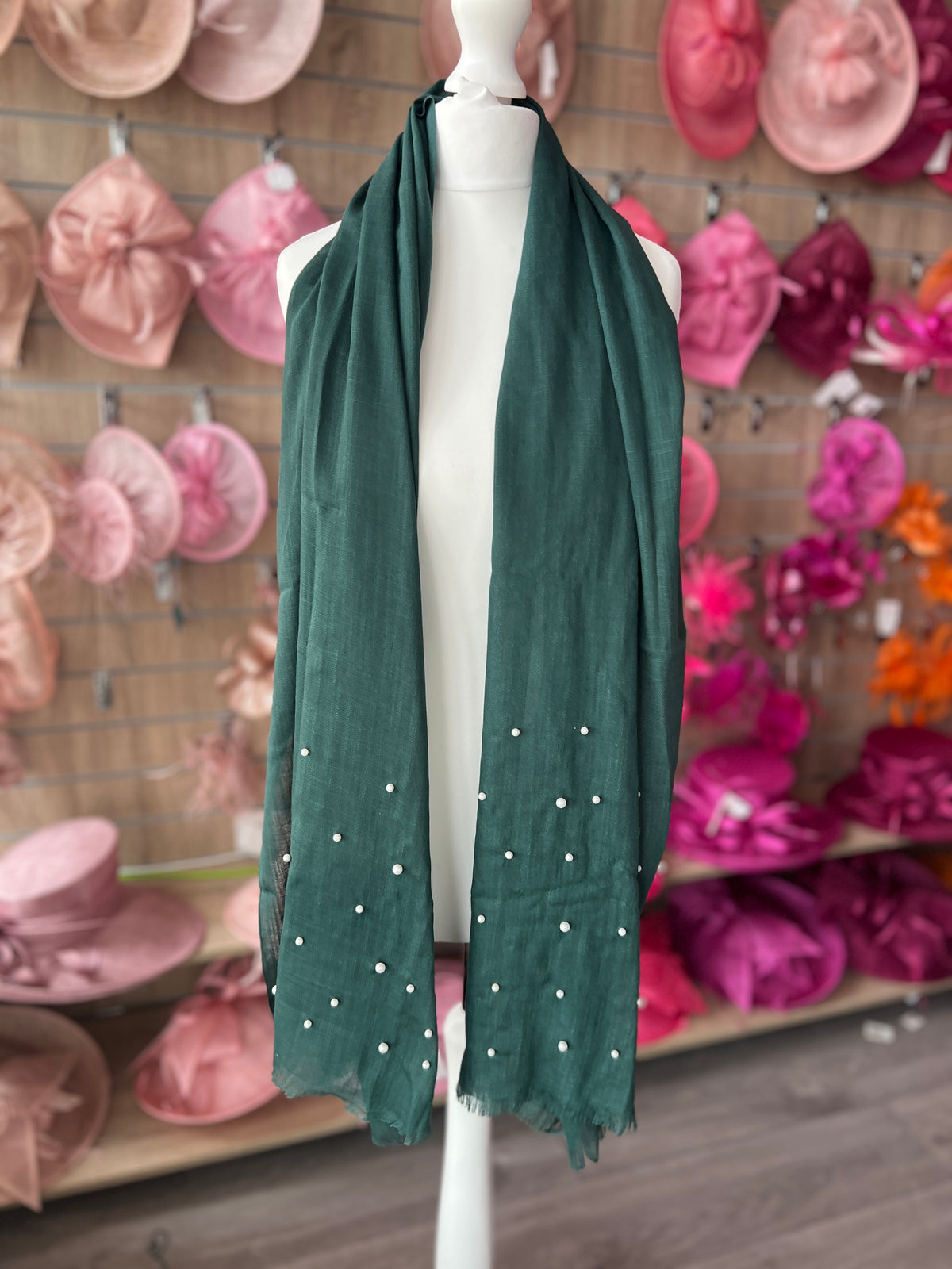 Bottle Green Pashmina Scarf With Pearl Detail-Fascinators Direct