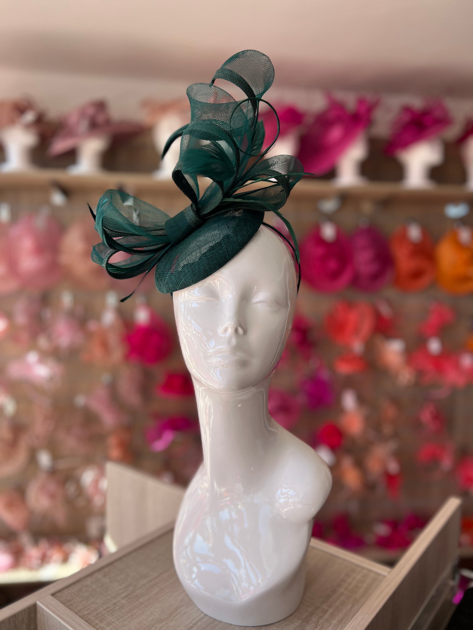 Bottle Green Pill Box Bow Feather Fascinator-Fascinators Direct