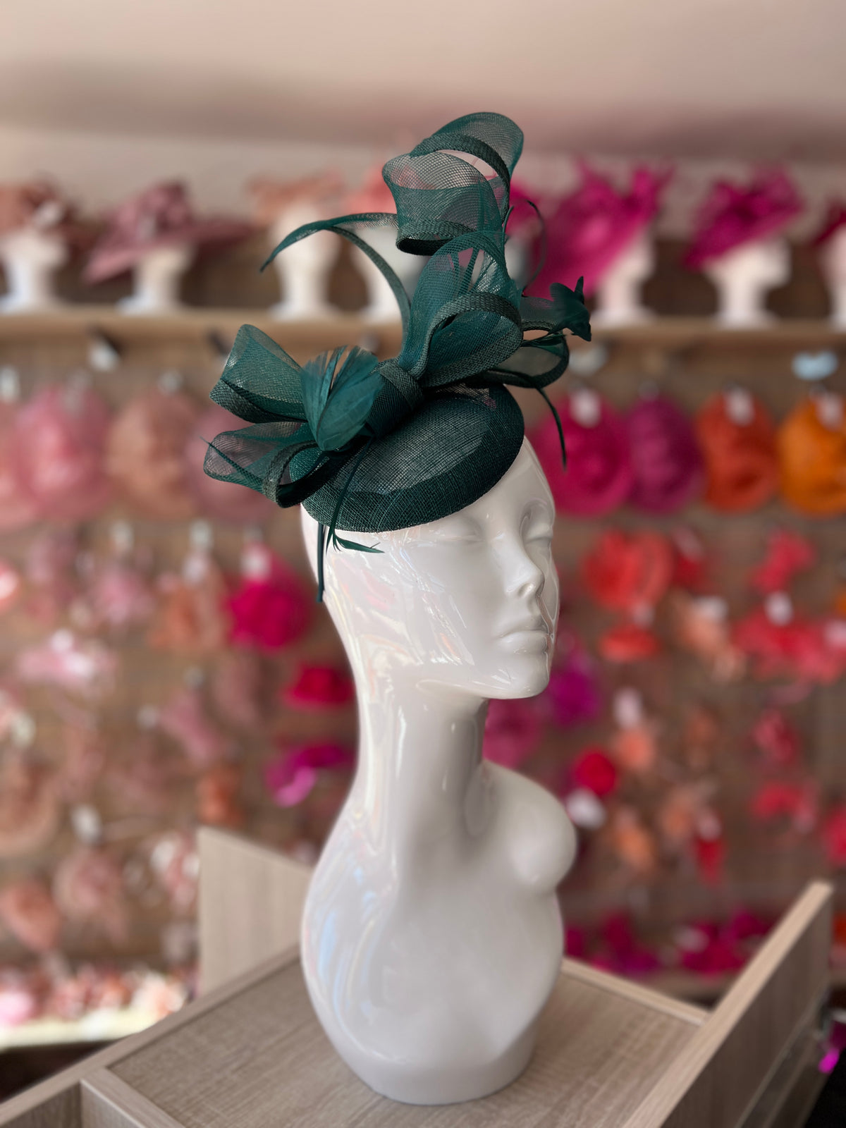 Bottle Green Pill Box Bow Feather Fascinator-Fascinators Direct