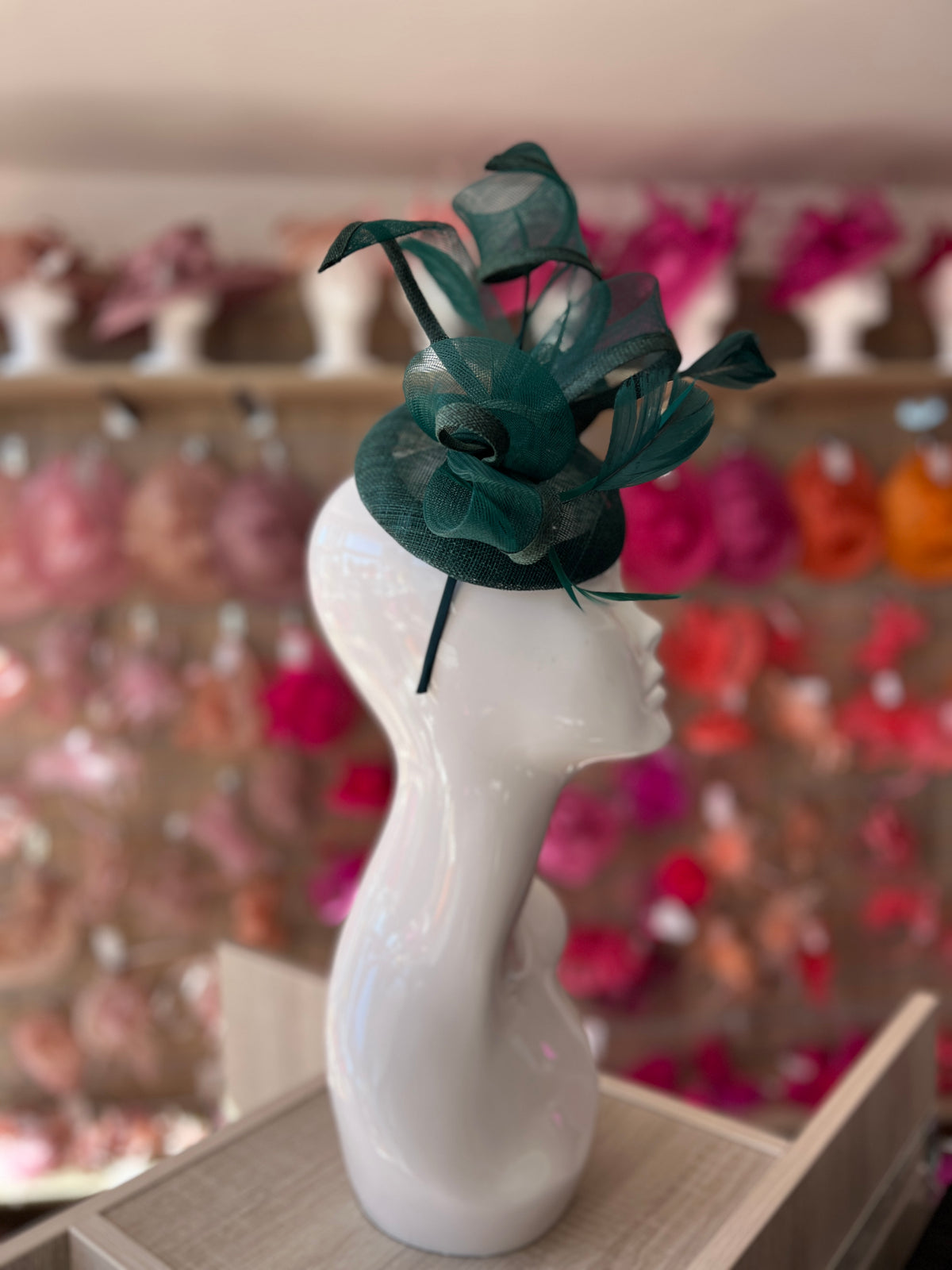 Bottle Green Pill Box Bow Feather Fascinator-Fascinators Direct