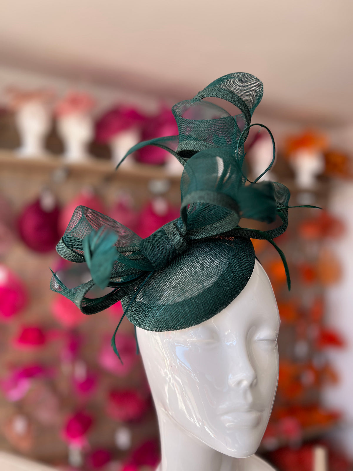 Bottle Green Pill Box Bow Feather Fascinator-Fascinators Direct