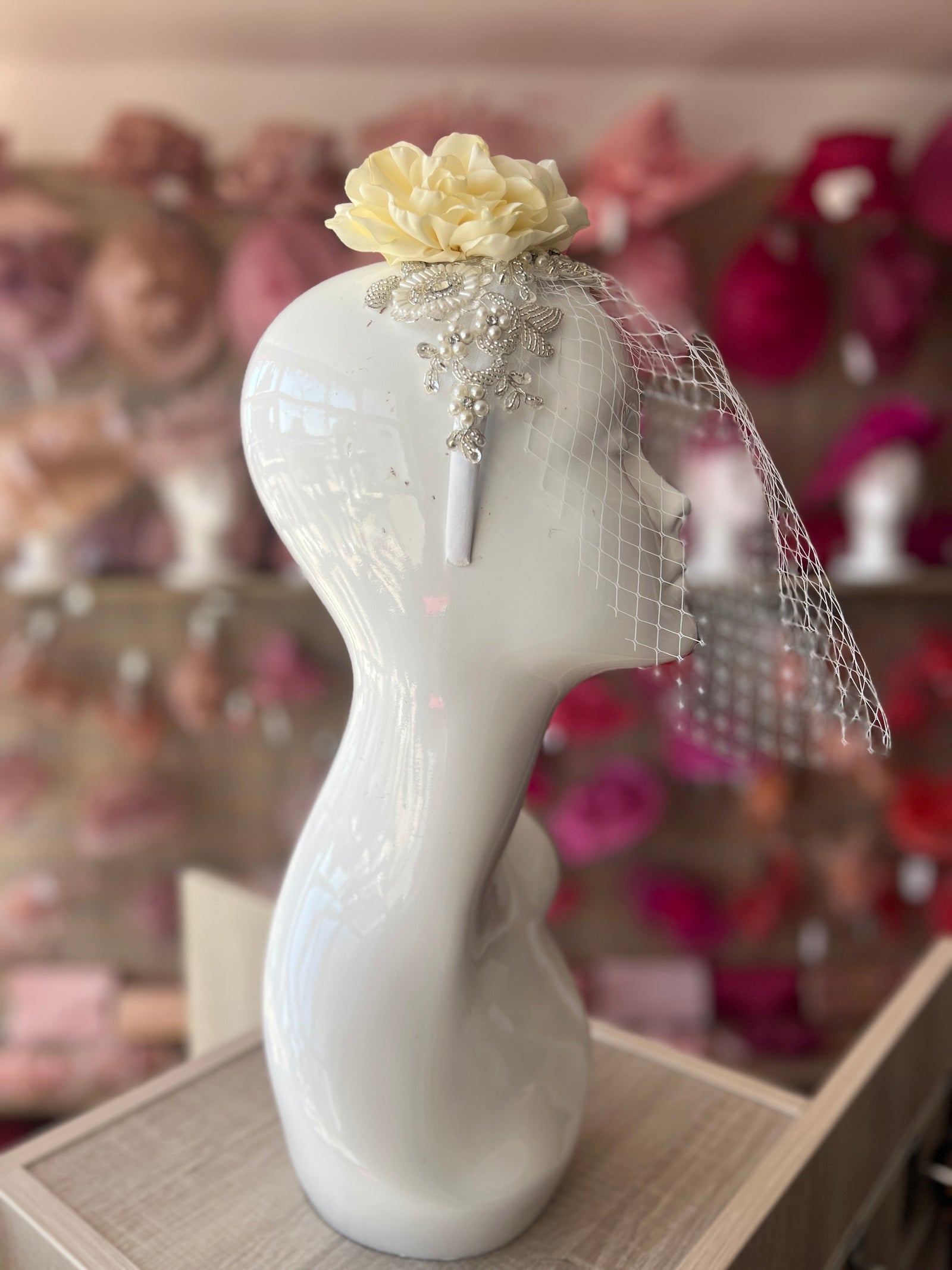 Bridal Wedding Headband With Large Cream Flower Diamantes,Faux Pearls And Birdcage Veil-Fascinators Direct