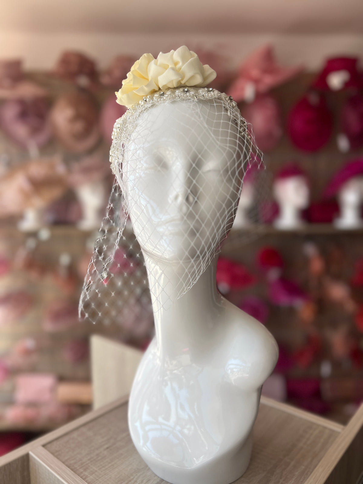 Bridal Wedding Headband With Large Cream Flower Diamantes,Faux Pearls And Birdcage Veil-Fascinators Direct