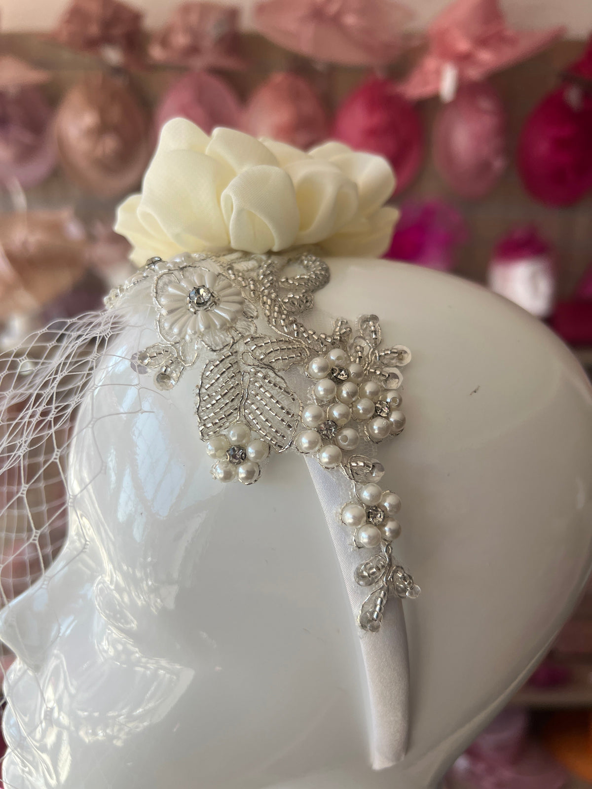 Bridal Wedding Headband With Large Cream Flower Diamantes,Faux Pearls And Birdcage Veil-Fascinators Direct