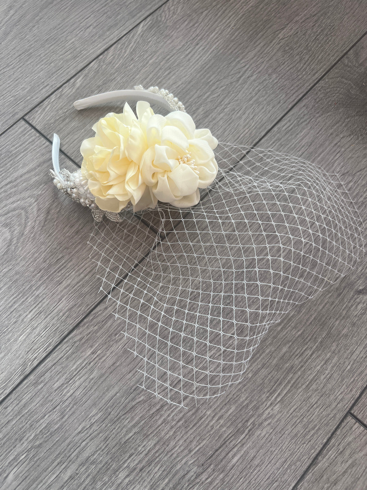 Bridal Wedding Headband With Large Cream Flower Diamantes,Faux Pearls And Birdcage Veil-Fascinators Direct