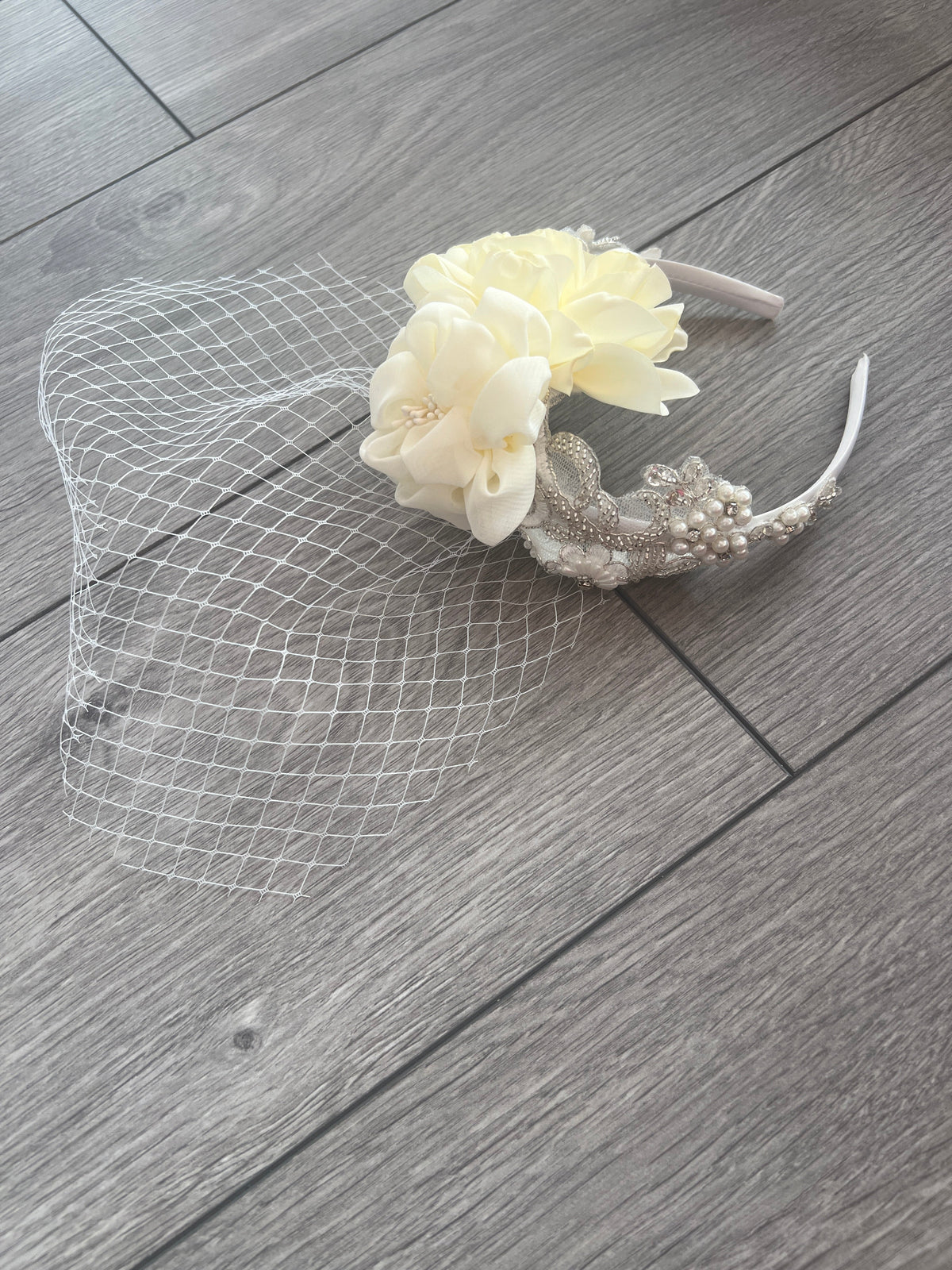 Bridal Wedding Headband With Large Cream Flower Diamantes,Faux Pearls And Birdcage Veil-Fascinators Direct