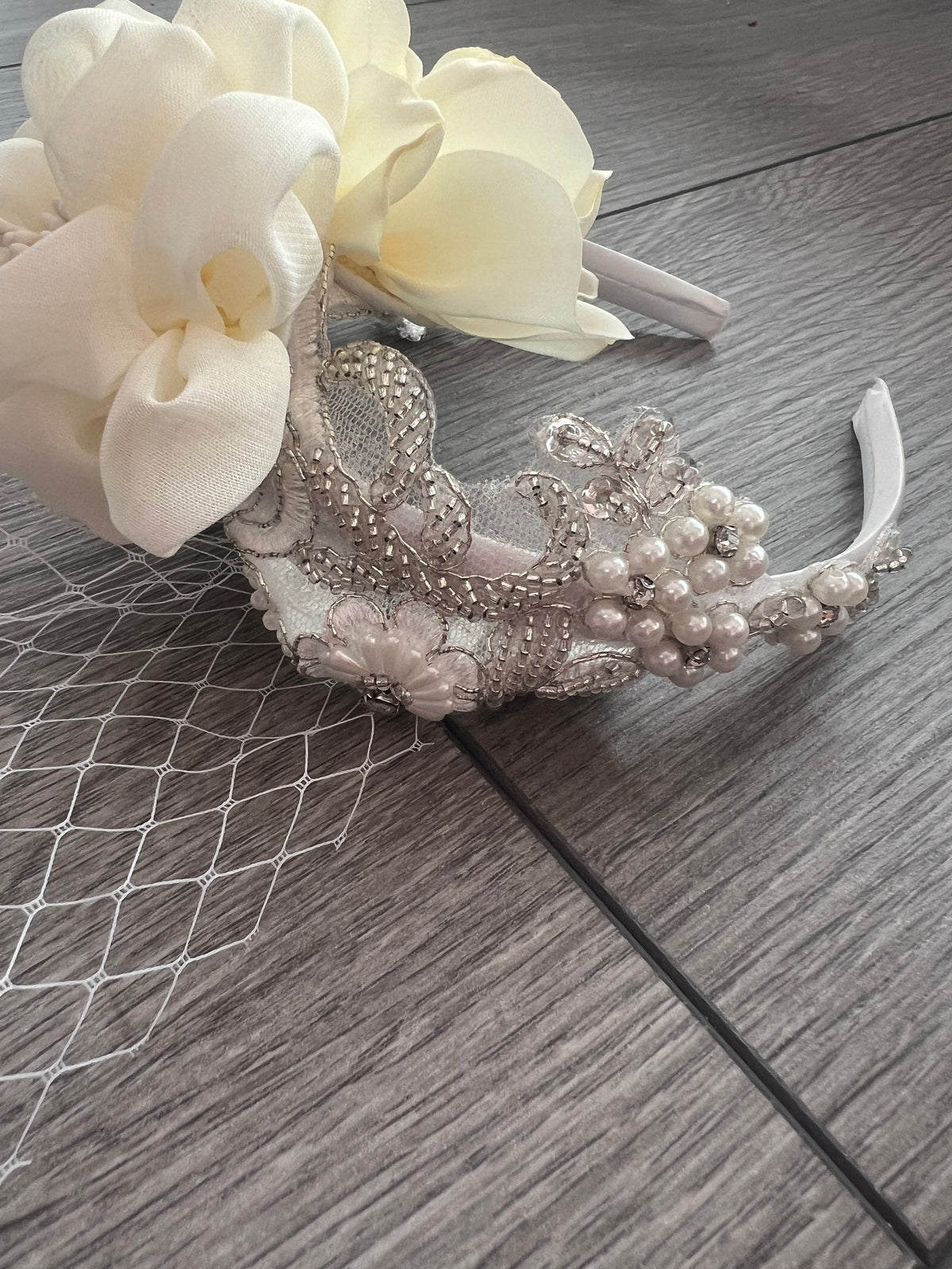 Bridal Wedding Headband With Large Cream Flower Diamantes,Faux Pearls And Birdcage Veil-Fascinators Direct