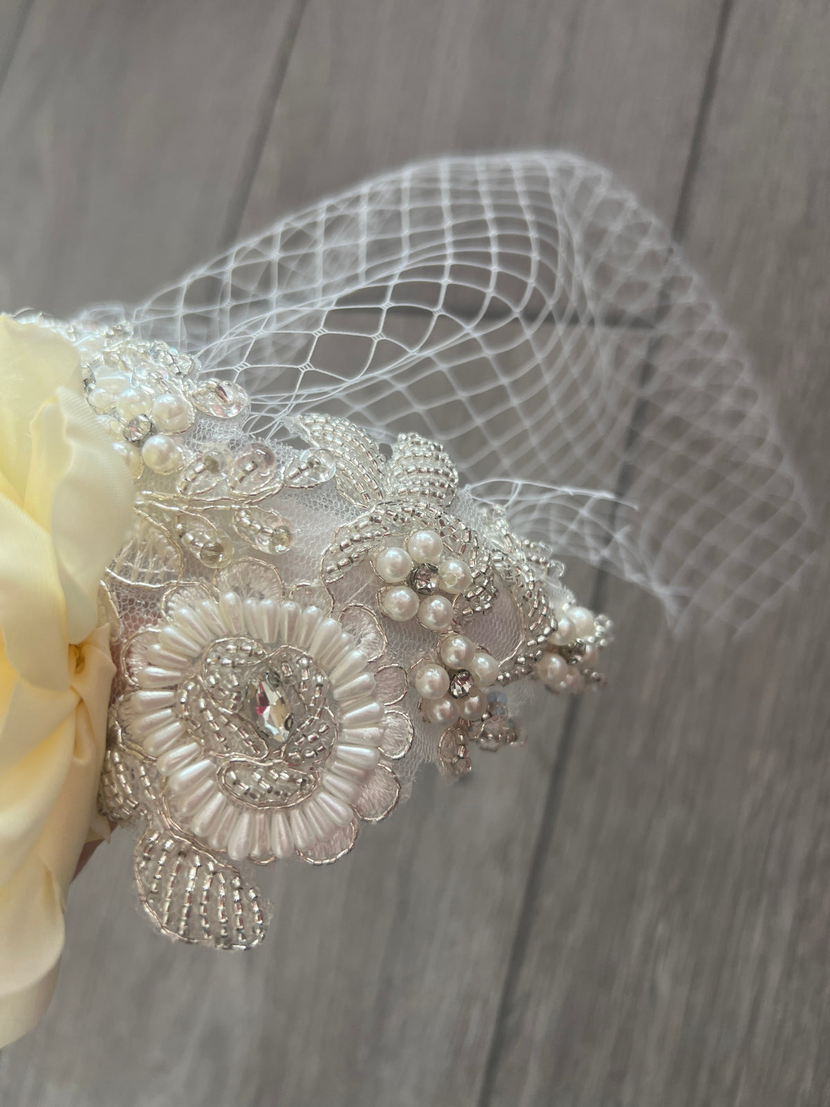 Bridal Wedding Headband With Large Cream Flower Diamantes,Faux Pearls And Birdcage Veil-Fascinators Direct