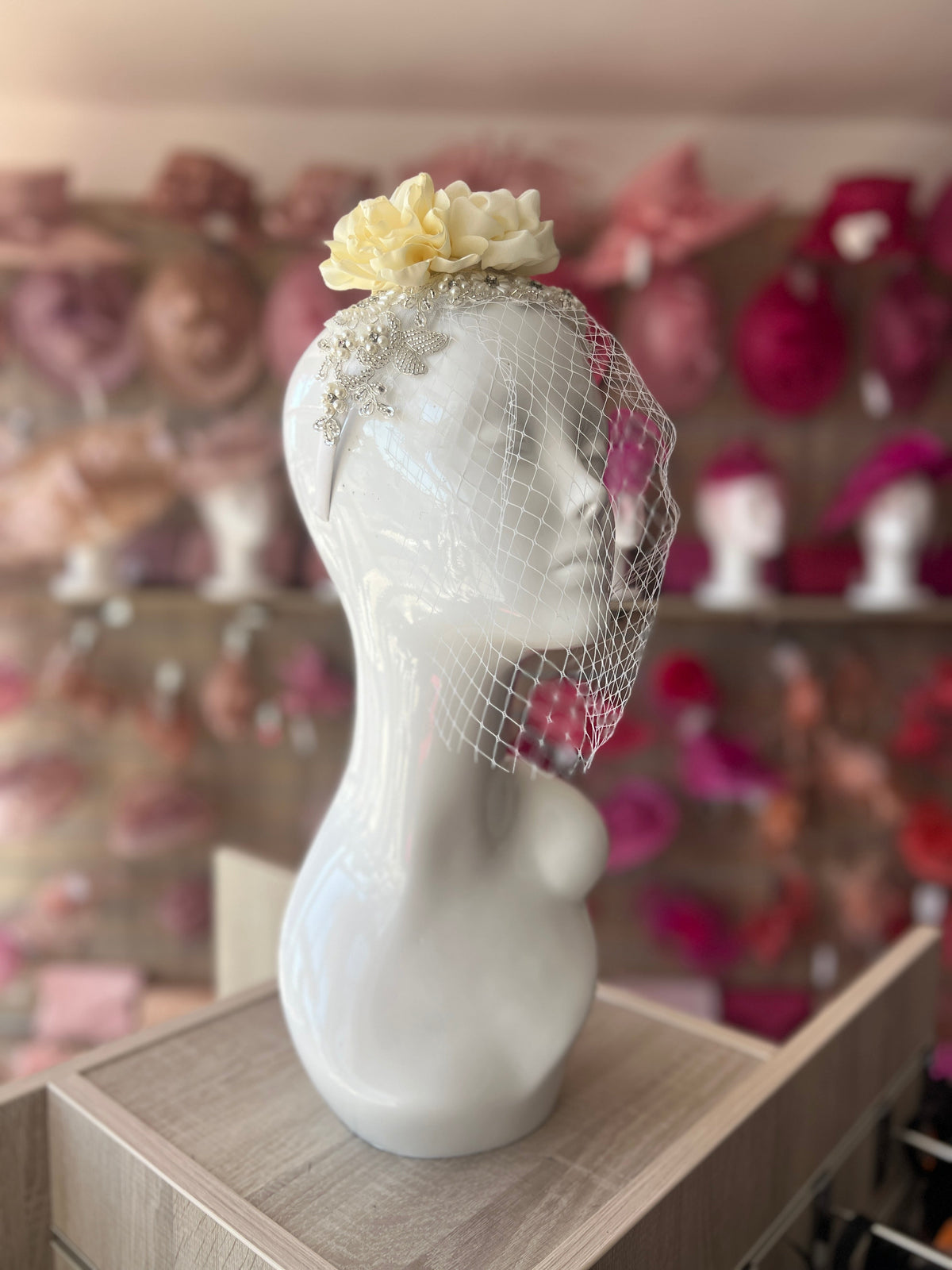 Bridal Wedding Headband With Large Cream Flower Diamantes,Faux Pearls And Birdcage Veil-Fascinators Direct