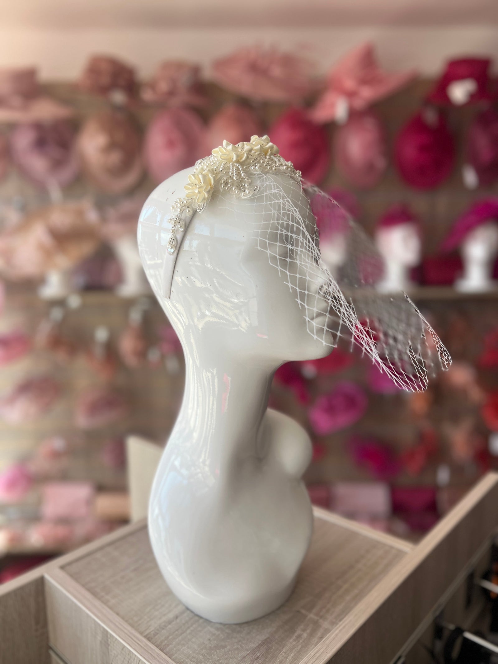 Bridal Wedding Headband With White Beads,Faux Pearls and Birdcage Veil-Fascinators Direct