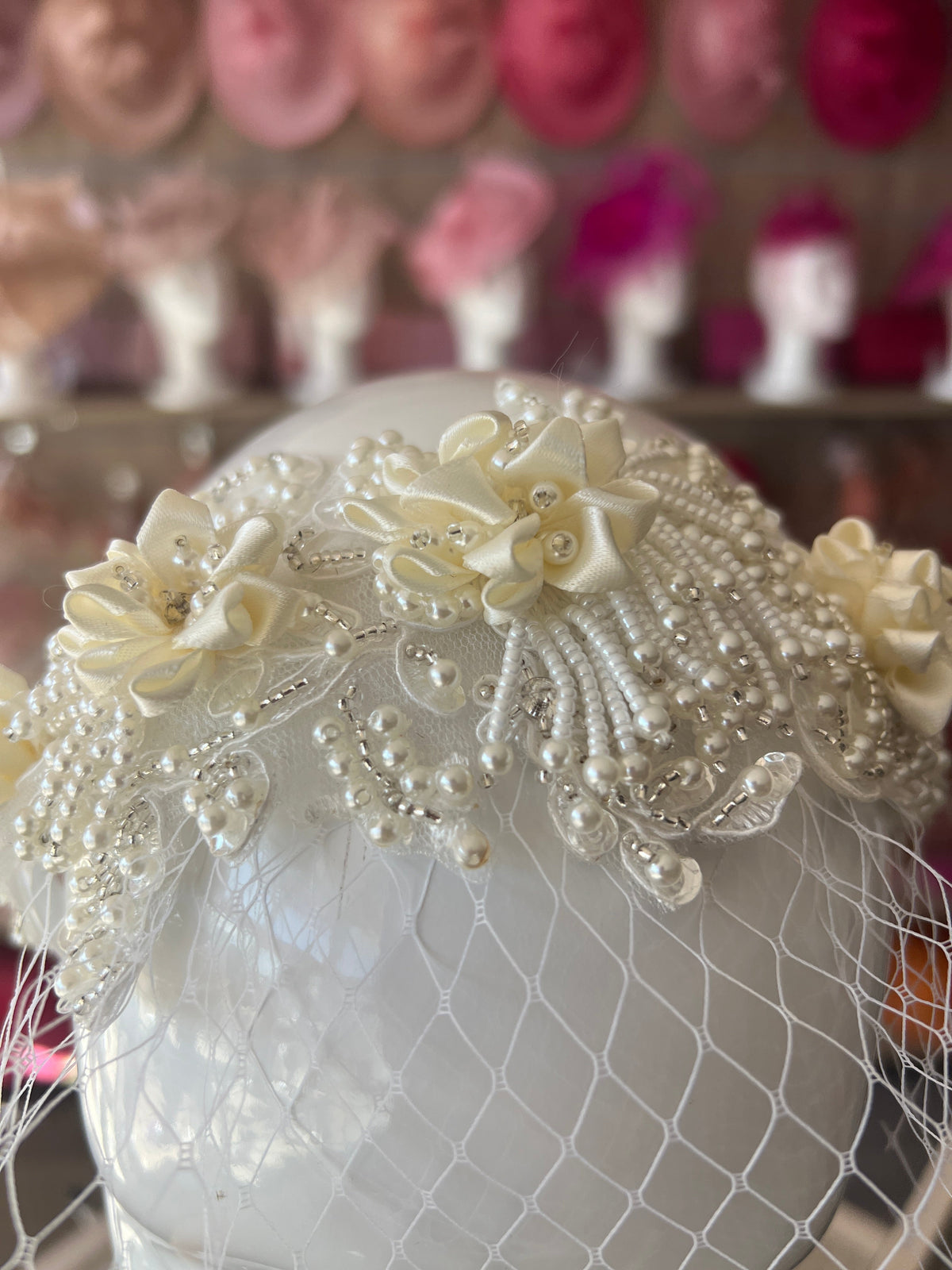Bridal Wedding Headband With White Beads,Faux Pearls and Birdcage Veil-Fascinators Direct