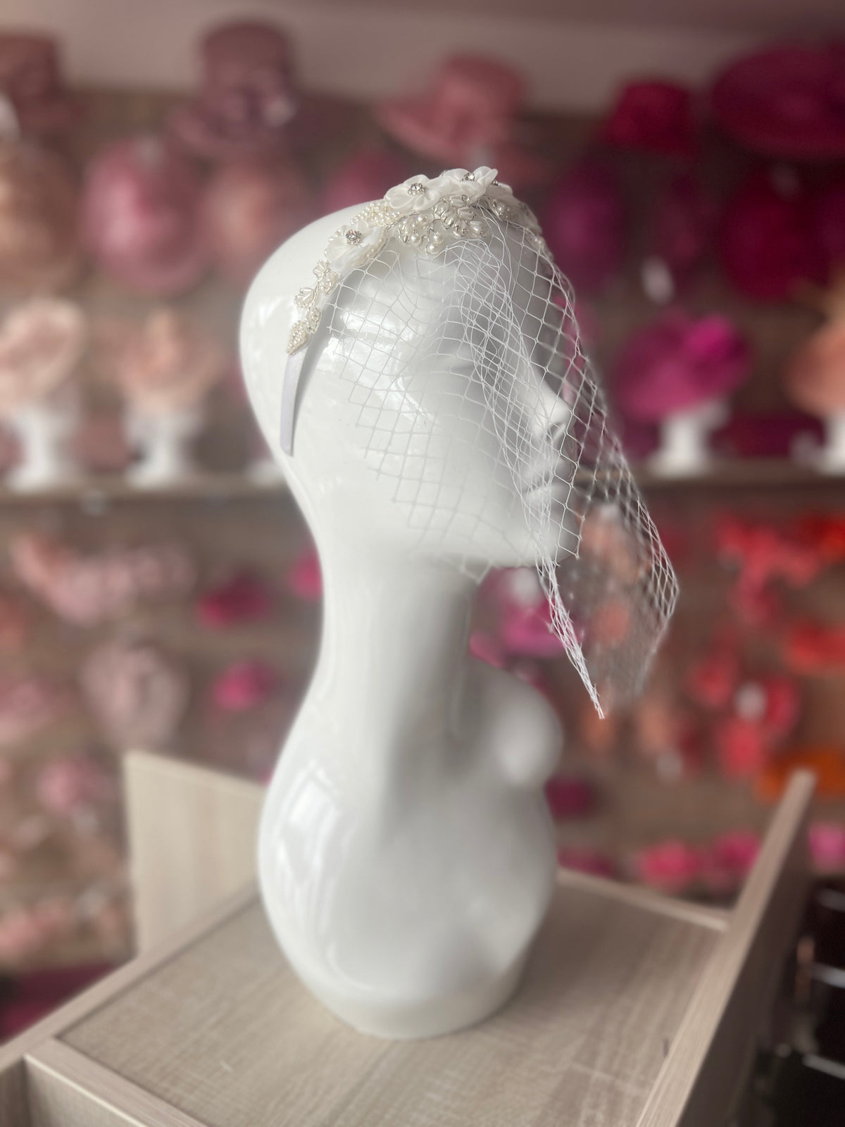 Bridal Wedding Headband With White Flower Diamantés ,Faux Pearls And Birdcage Veil-Fascinators Direct