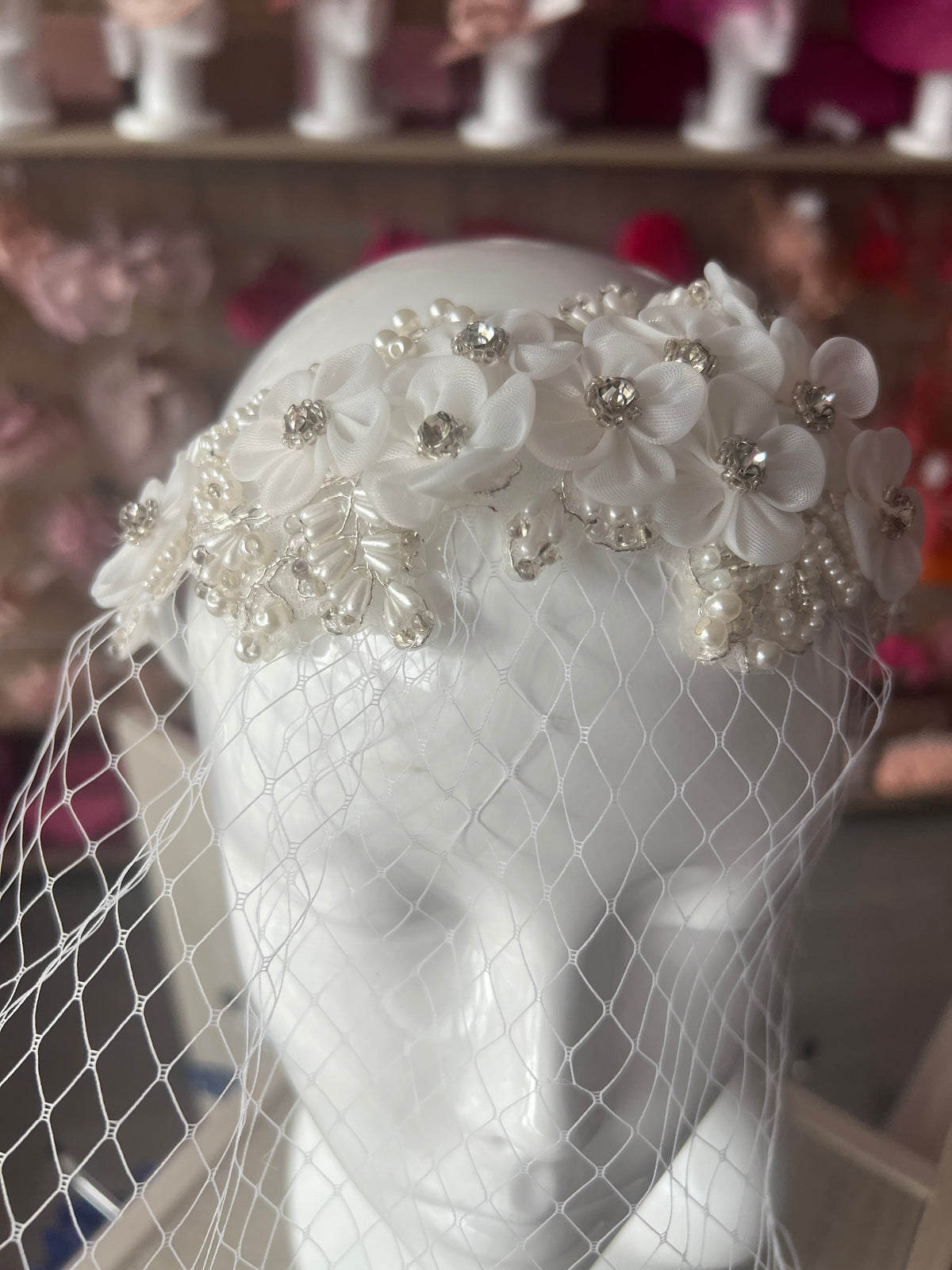 Bridal Wedding Headband With White Flower Diamantés ,Faux Pearls And Birdcage Veil-Fascinators Direct