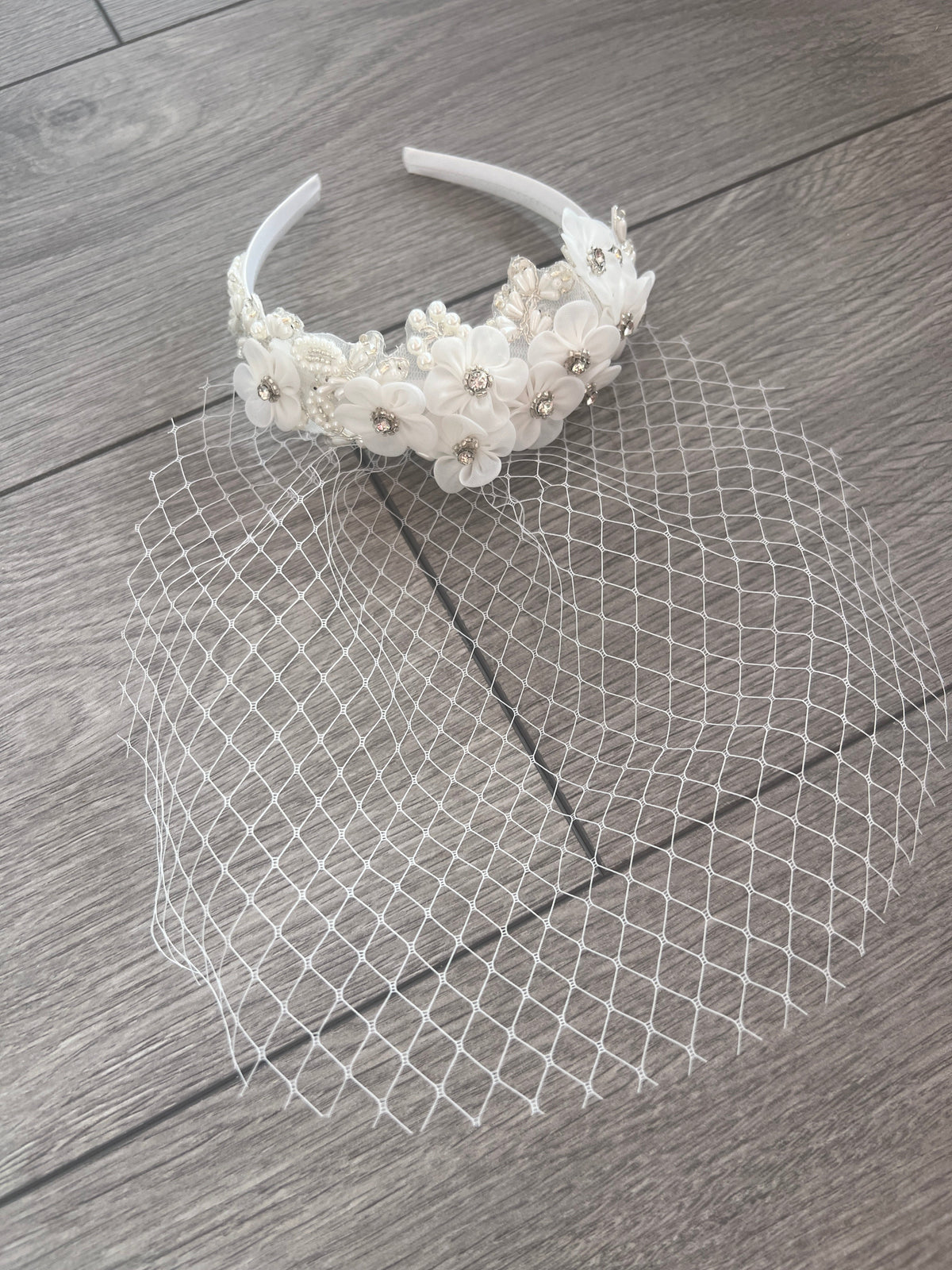 Bridal Wedding Headband With White Flower Diamantés ,Faux Pearls And Birdcage Veil-Fascinators Direct