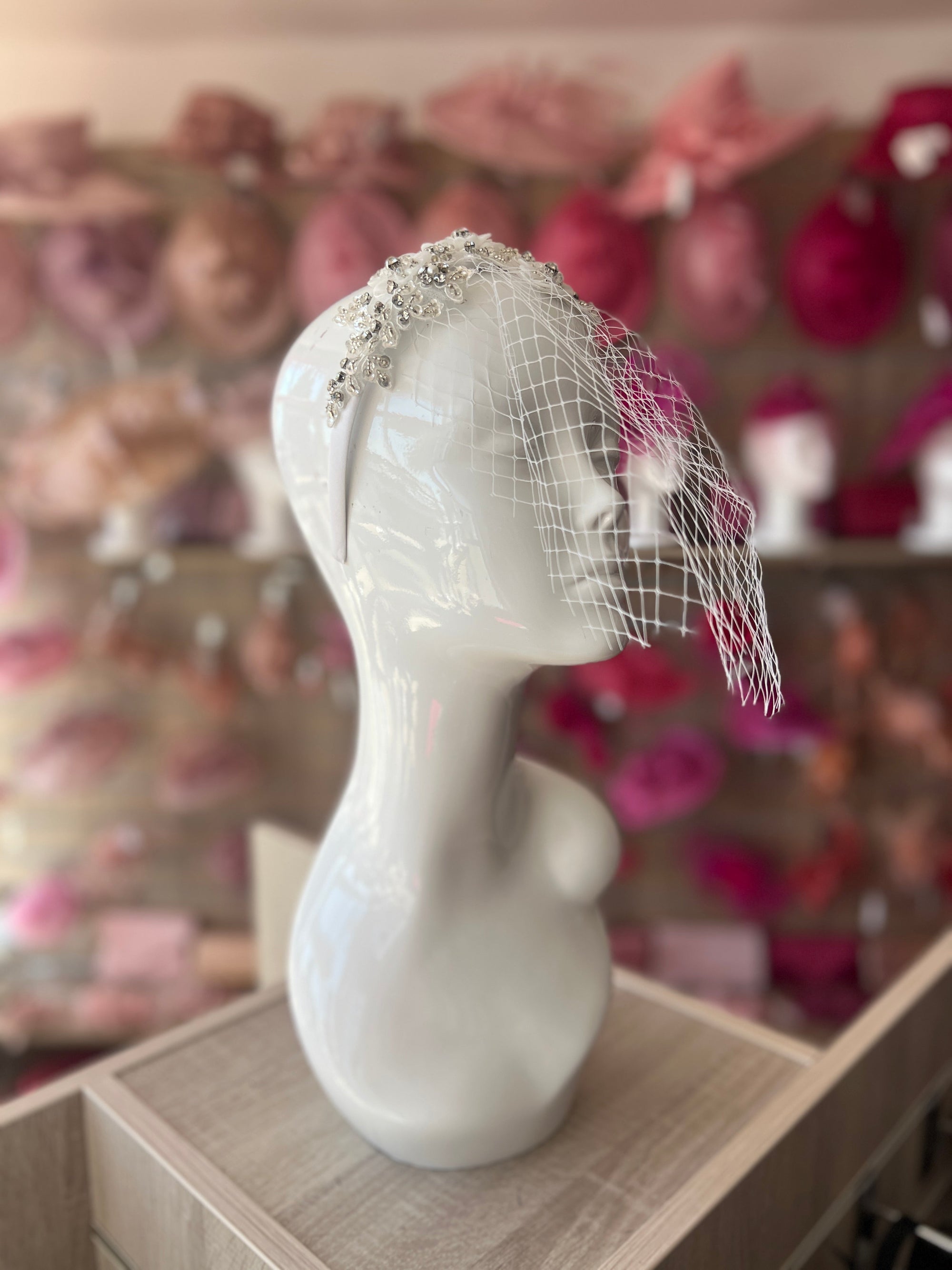 Bridal Wedding Headband With White Flowers Diamantes,Faux Pearls And Birdcage Veil-Fascinators Direct