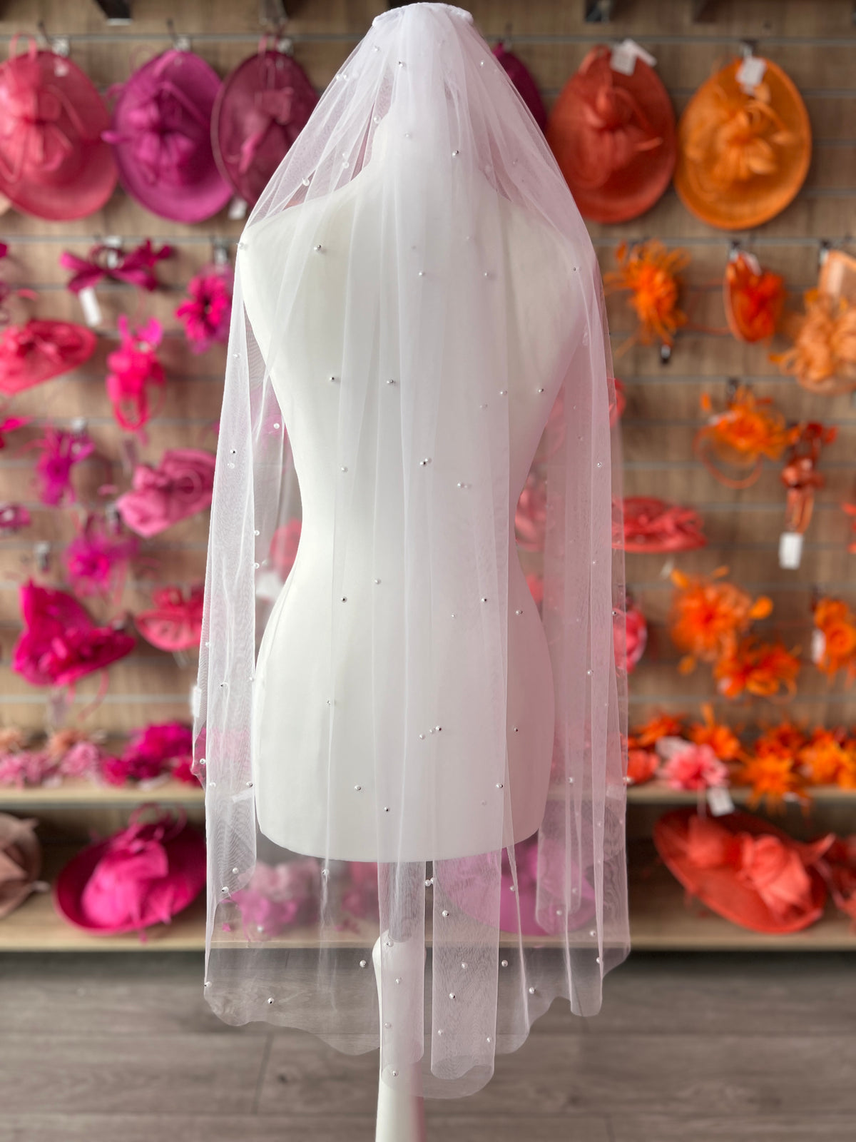 Bridal White Single Layer Fingertip Length Veil With Pearls-Fascinators Direct