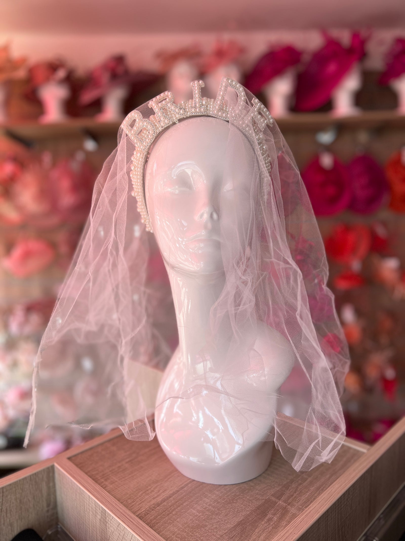 Bride To Be Pearl Chunky Pearl Headband With Veil-Fascinators Direct