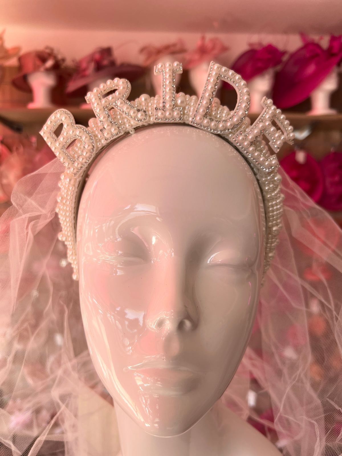 Bride To Be Pearl Chunky Pearl Headband With Veil-Fascinators Direct