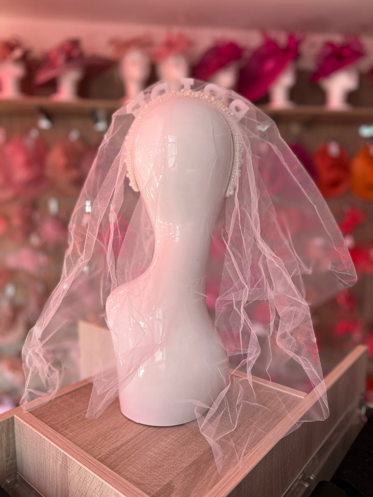 Bride To Be Pearl Chunky Pearl Headband With Veil-Fascinators Direct