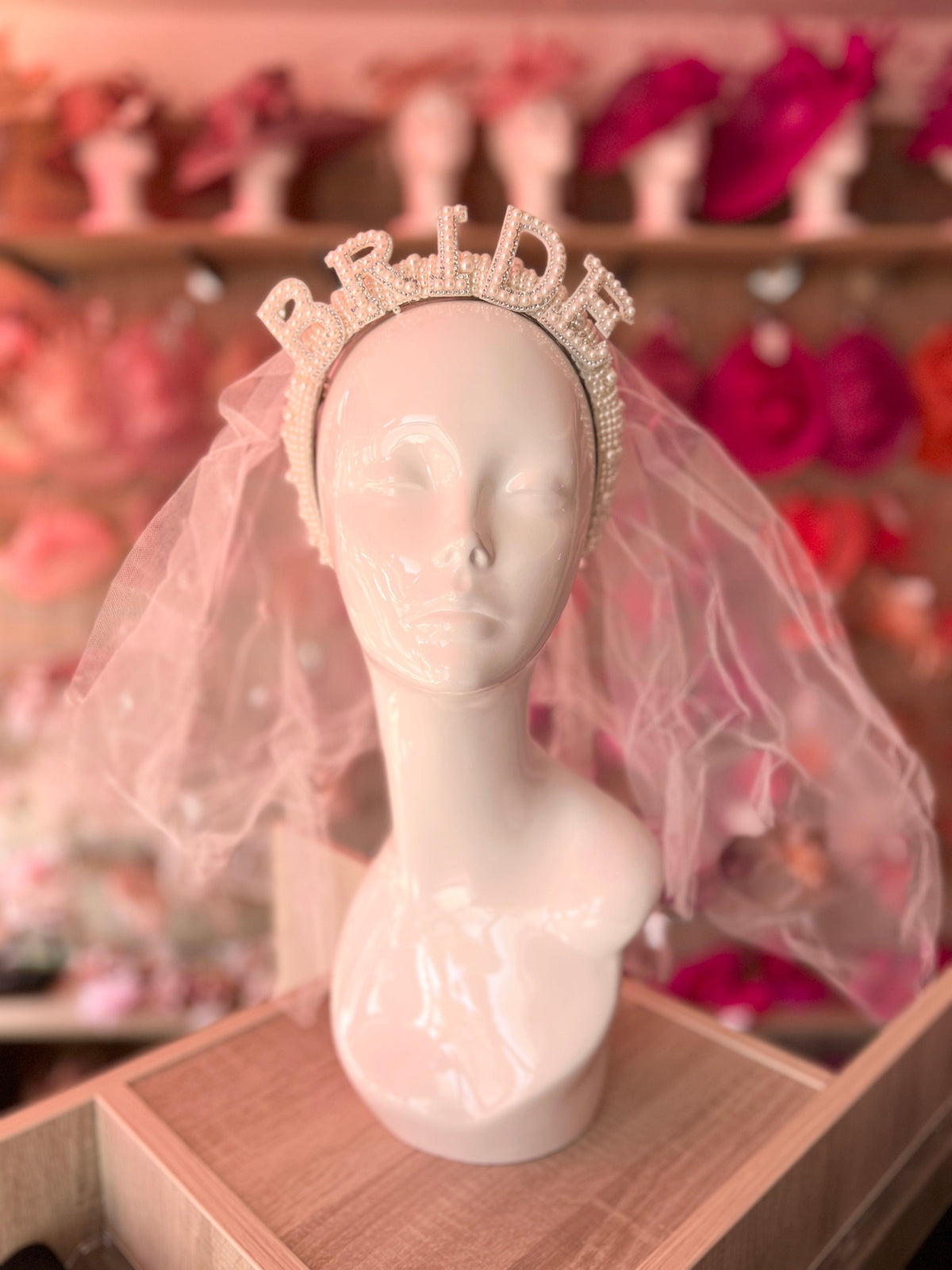 Bride To Be Pearl Chunky Pearl Headband With Veil-Fascinators Direct